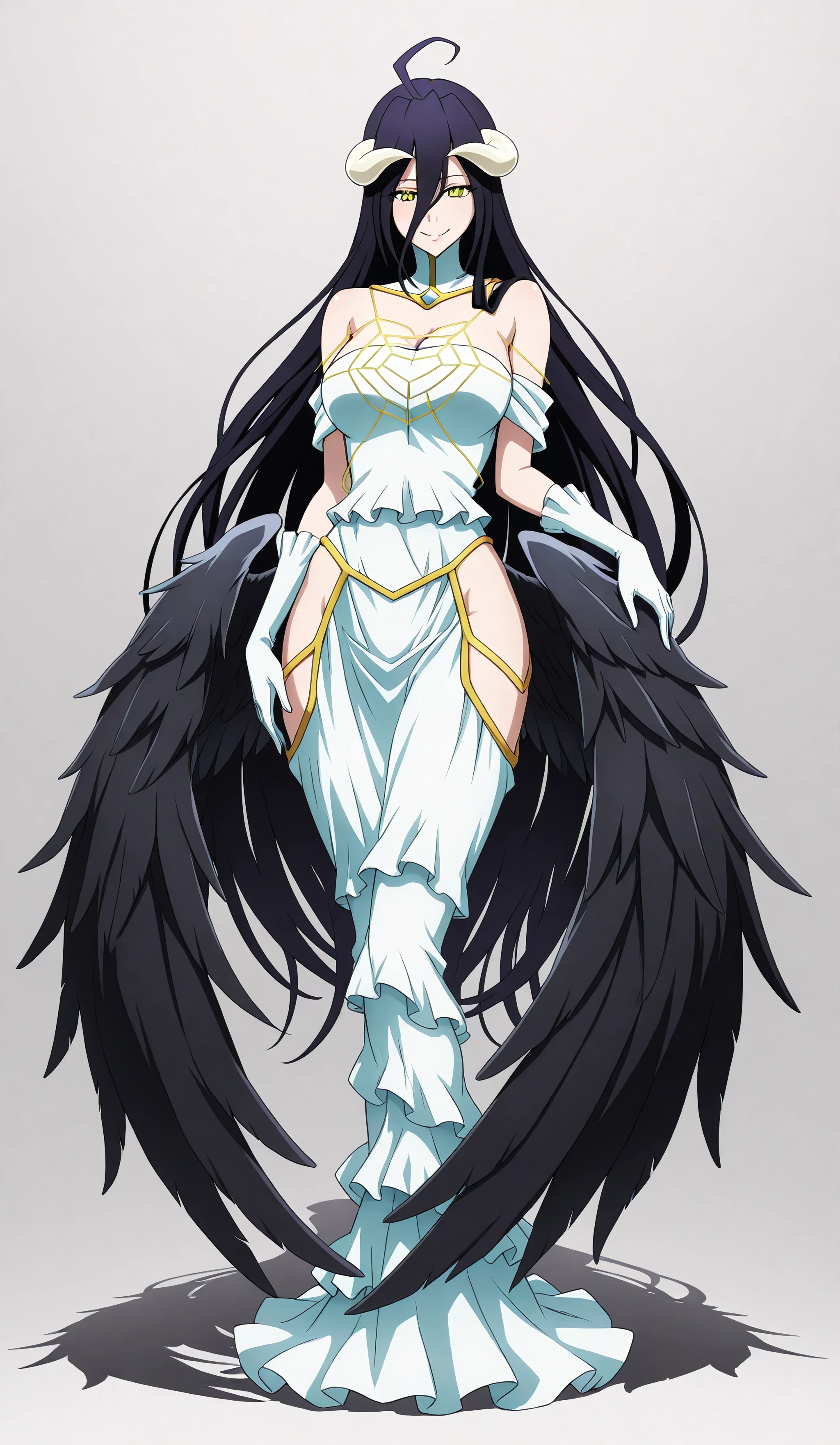 albedo_overlord, defaultoutfit, 1girl, solo, long hair, wings, horns, gloves, black hair, yellow eyes, dress, black wings, white gloves, demon girl, large breasts, ahoge, white dress, demon horns, bare shoulders, looking at viewer, hip vent, low wings, very long hair, feathered wings, feathers, dark alleyway background, seductive smile, full body<lora:Albedo-IllustriousXL:1>, (masterpiece),(best quality),(ultra-detailed),(best illustration),(best shadow),(absurdres),(detailed background),(very aesthetic),