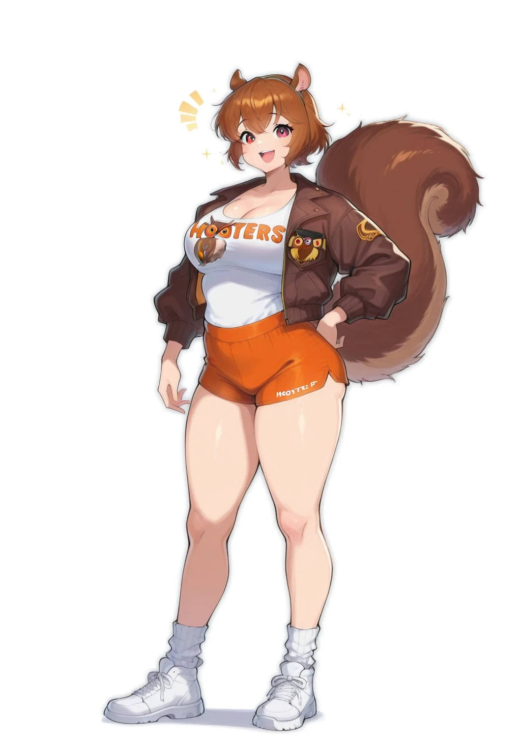 score_9, score_8_up, score_7_up, score_6_up, score_5_up, score_4_up, masterpiece, high quality, BREAK, full body, BREAK, 1girl, <lora:NOOB_vp1_detailer_by_volnovik_v1:0.8> , <lora:Squirrel_Girl_Marvel_Rivals_Illustrious:0.8> squirrel girl, squirrel tail, squirrel ears, brown hair, brown jacket, animal ears, <lora:Hooters_Outfit_Illustrious:0.8> hooters logo, short shorts, orange shorts, booty shorts, breasts, owl logo,