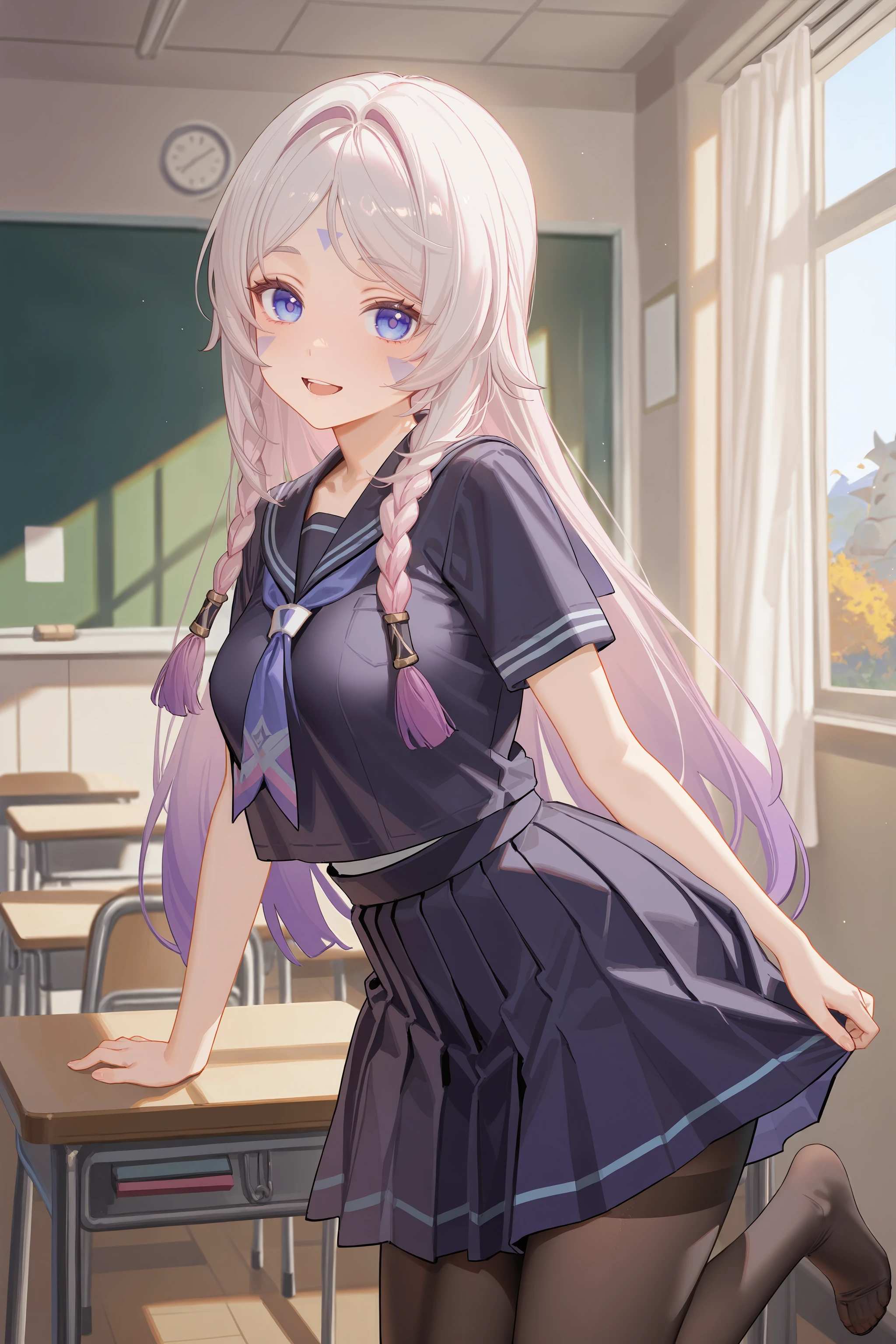 1girl, citlali \(genshin impact\), facial mark, solo, serafuku, sailor collar, pleated skirt,  pantyhose, no shoes, looking at viewer, light smile, cowboy shot, smile, open mouth, classroom, indoors, depth of field , <lora:Char-Genshin-Citlali-V1-IL:0.9:hr=0.4>, ciloranko, alphonse \(white datura\), ask \(askzy\), gomzi, you shimizu
masterpiece, best quality, amazing quality, very aesthetic, absurdres,  newest, (scenery, volumetric lighting)