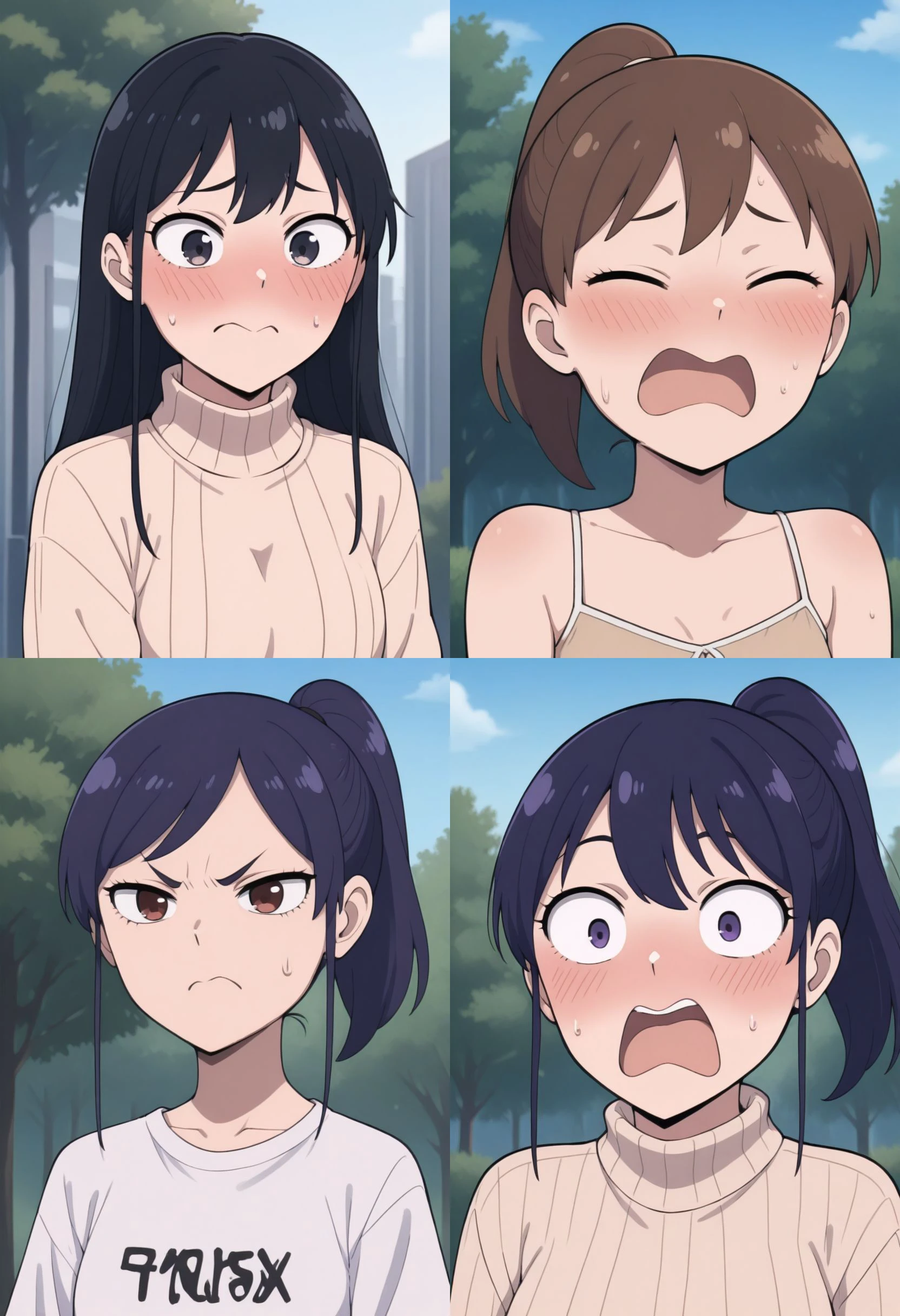 1girl, portrait, outdoors
{@blush, embarrassed, closed mouth, |
blush, embarrassed, open mouth, closed eyes|
closed mouth, annoyed |
blush, open mouth, surprised, }
{~black hair | brown hair, | blonde hair, | purple hair, }
{~medium hair | long hair | ponytail}
{~t-shirt | camisole | sweater}
<lora:m-mouth-il:1>