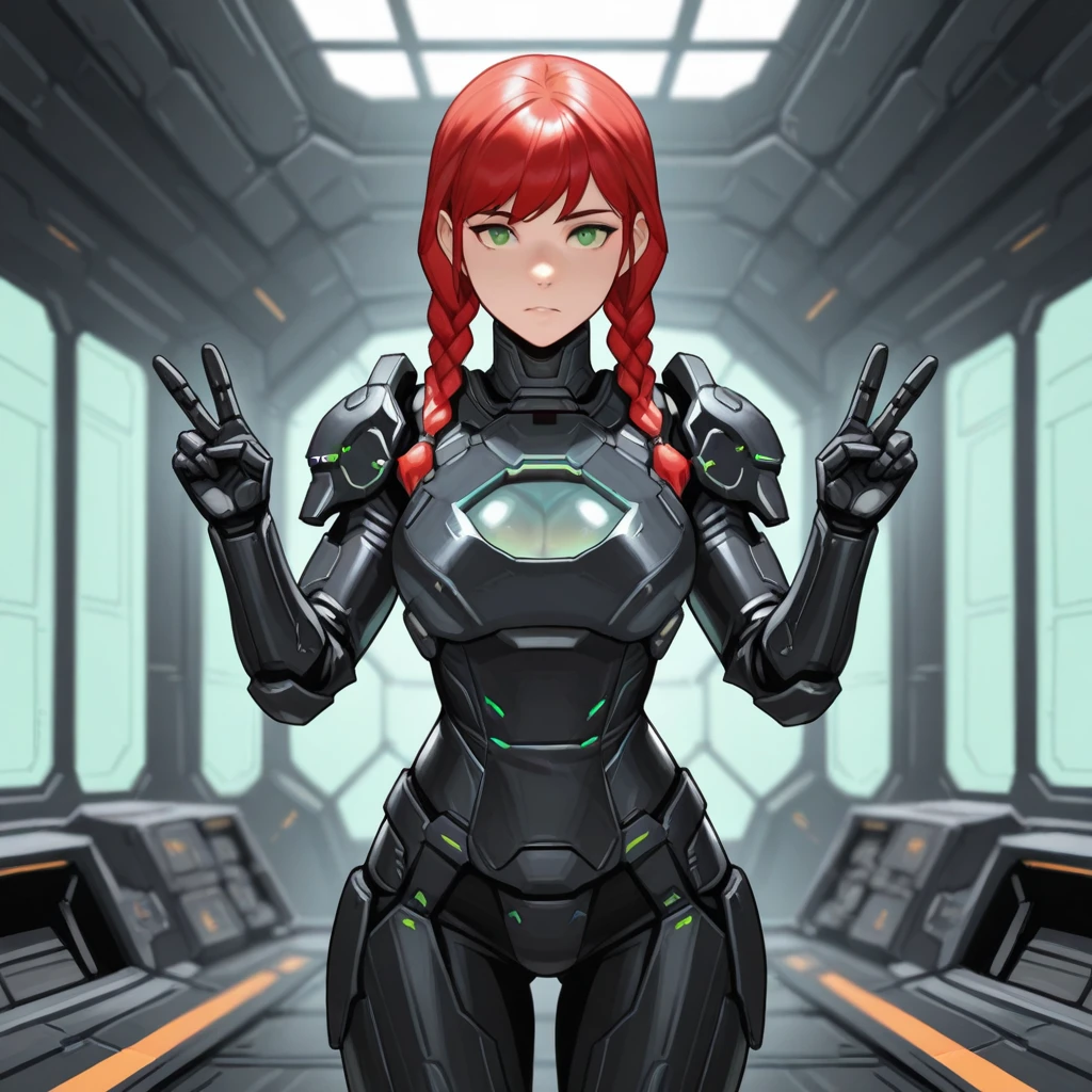 masterpiece, best quality, GlassBreastplate, glass breastplate, 1girl, red hair, twin braids, green eyes, black armor, science fiction, cowboy shot, depth of field,   <lora:GlassBreastplate_illustrious_Leaf3-000011:0.8>, indoors, double v,