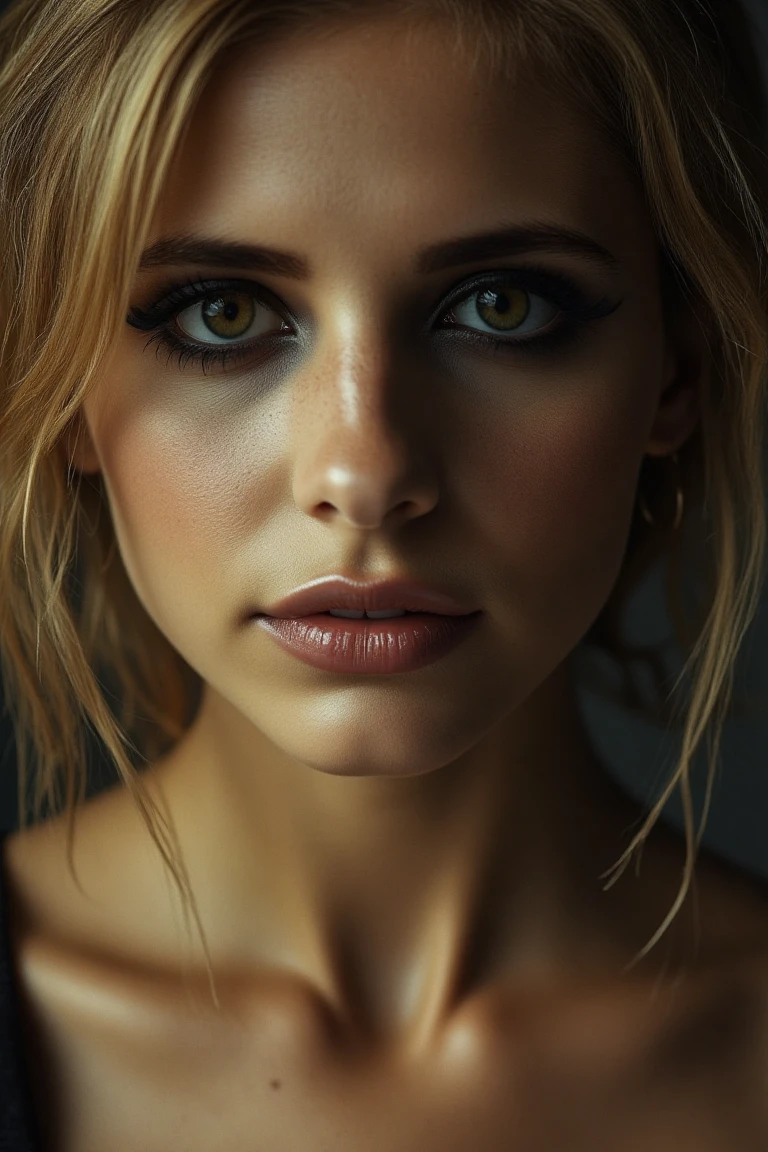 An intimate close-up of a woman captures her face in detail, highlighting every feature with soft, enveloping light. The camera, a Sony A7III with a 50mm f/1.2 lens, focuses on her seductive and daring gaze, full of intensity and mystery. The black eyeliner creates a perfect line that enhances her captivating look.
Her lips are slightly parted, with a subtle shine that contrasts with her pale, smooth skin. Her blonde hair falls in a messy but stylized manner over her forehead, framing her face as if it were a canvas of contained energy. Her background is almost non-existent, blurred into soft shadows that allow all the focus to be on her.
The image conveys a sense of strength, mystery and a subtle but powerful sensuality, reflecting her bold character and enigmatic presence.,Midjourney v6