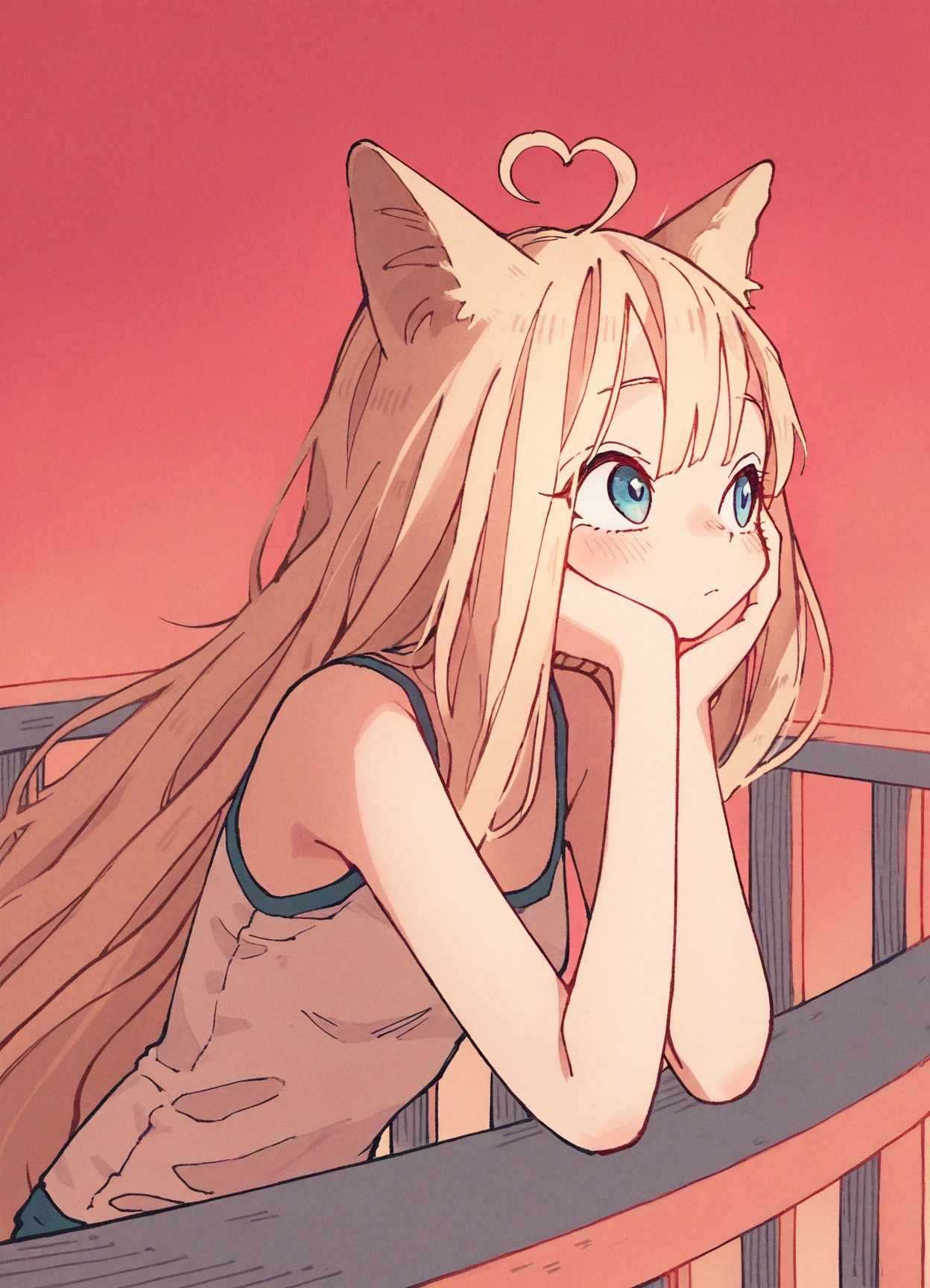 flat colors, masterpiece, best quality, amazing quality,
1girl, solo, cat girl, blonde, blue eyes, heart ahoge, cat ears, upper body, 
 long hair, looking afar,  head rest,  small breasts animal ears, tank top,
balcony, red sky,outdoors, 
<lora:tsubura-15:0.95>  <lora:ponyv4_noob1_2_adamW-000017:0.2>