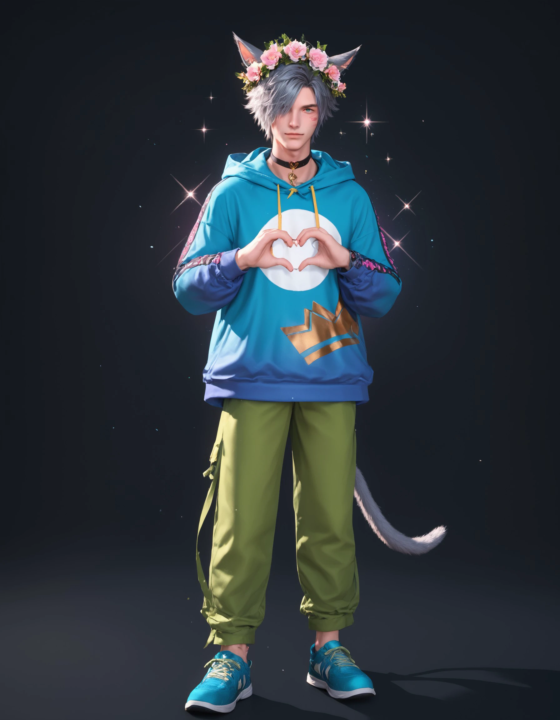 score_9, score_8_up, score_7_up, score_6_up, score_5_up, score_4_up, G3NTL3B34N, head wreath, solo, animal ears, heart, heart hands, hood, black background, tail, pants, hair over one eye, simple background, shoes, flower, standing, full body, looking at viewer, grey hair, long sleeves, male focus, cat ears, choker, flower wreath, hood down, 1boy, sparkle, pink flower, blue footwear, short hair, green pants, miqo'te, <lora:6e105735-83ba-4f0e-9bf0-d07f116e51d9:0.7>