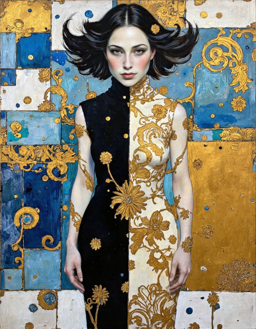 painting in gustavklimt style of
high fashion painting of ClaireForlani woman, angry face, bodycon turtleneck dress, golden swirls, gold details, patchwork background, upper body,
simple background, by gustav klimt,
extremely detailed,