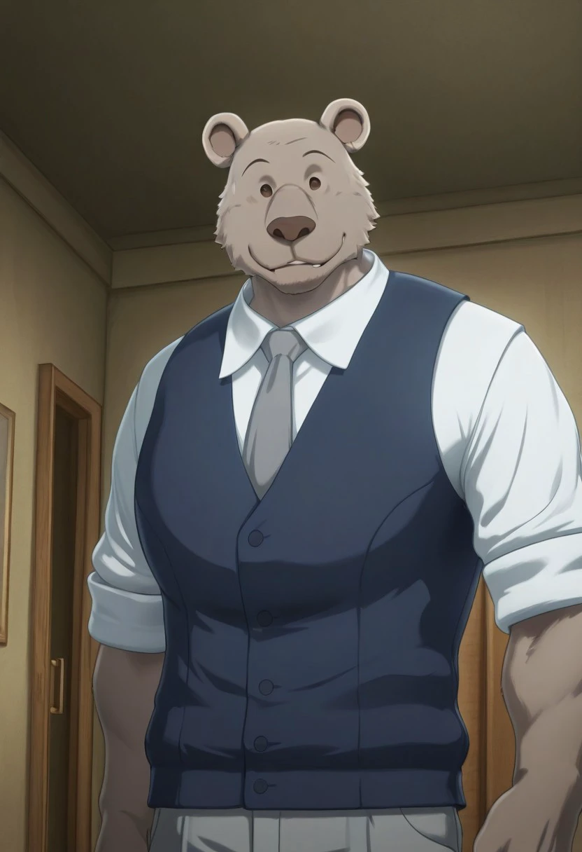 absurd res, best quality, high quality, detailed,  Riz, broad shoulders, mature male, brown eyes, athletic build, muscular male, round ears, bear, buff, gray body, blue vest, white long sleeve shirt, gray tie, standing, indoors, dorm, looking at viewer, half body, smiling