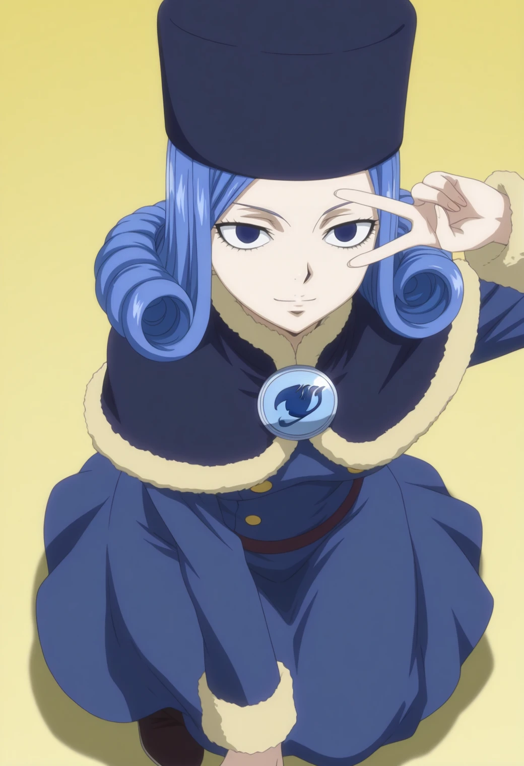 masterpiece, best quality, amazing quality, anime screencap, anime anime coloring,  solo, 1girl,  <lora:DX888JuviaIL2:1>basejuvia, blue hair, curly hair, blue eyes, 
hat, capelet, brooch,  blue dress, fur trim, boots,light smile,  BREAK pastel background, yellow  background,, simple background, BREAK  squatting,, (dynamic pose:1.2),   from above, v over eye,