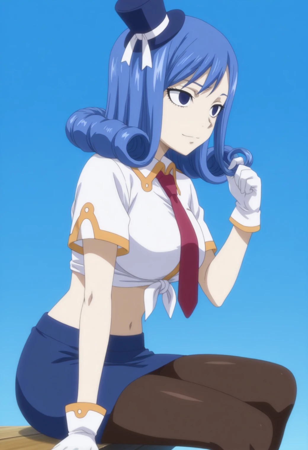 masterpiece, best quality, amazing quality, anime screencap, anime anime coloring,  solo, 1girl,  <lora:DX888JuviaIL2:1>edojuvia, blue hair, blue eyes, curly hair
mini hat, red necktie, tied shirt, white gloves, navel, uniform, mini skirt, pantyhose,,light smile,  BREAK pastel background, blue background,, simple background, BREAK  sitting,, (dynamic pose:1.2),   from side, twirling hair,