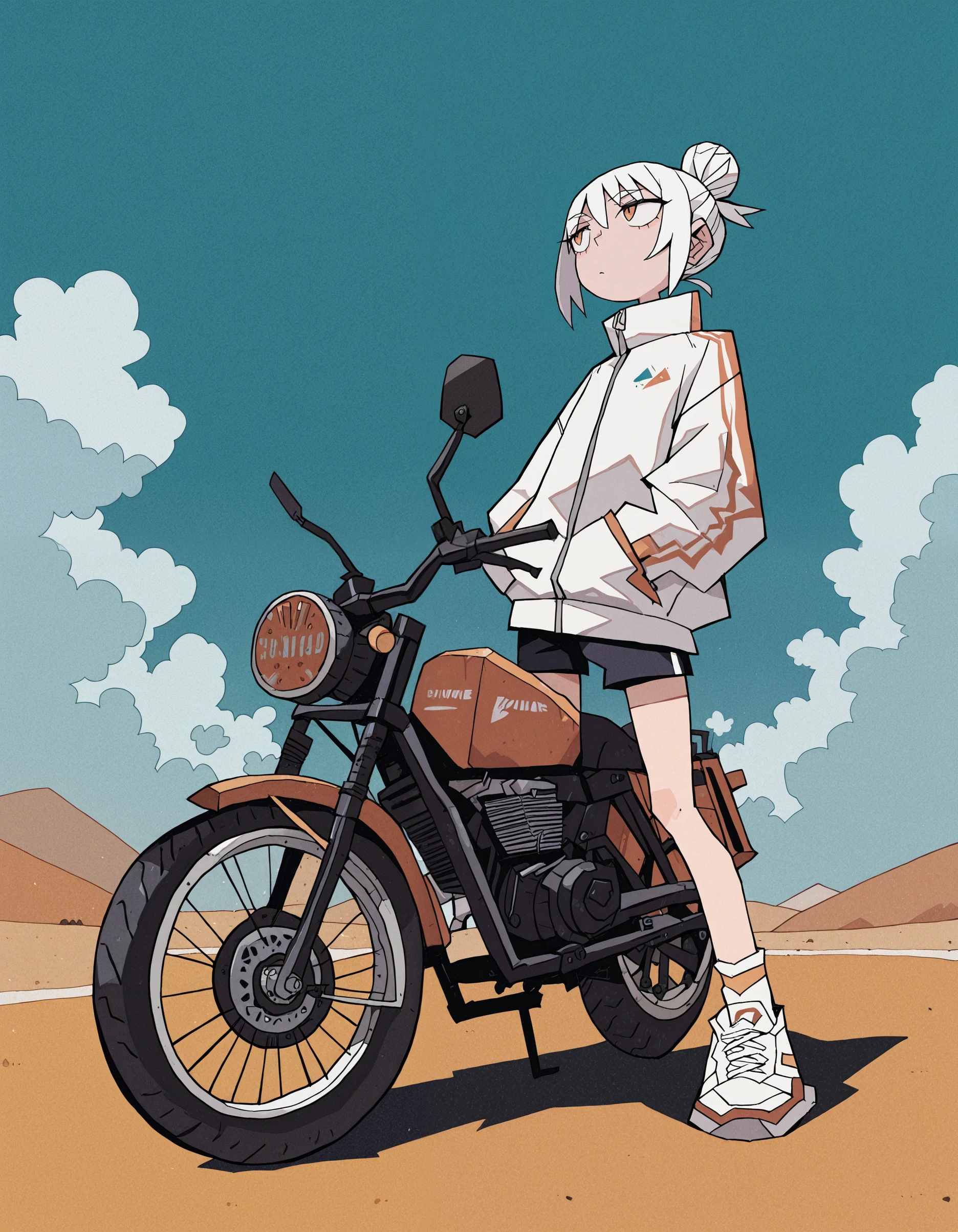 masterpiece, best quality, very aesthetic,0huton_illu, solo, 1girl, white hair, cloud, shoes, long sleeves, sky, white jacket, ground vehicle, hair bun, jacket, socks, shorts, short hair, blue sky,   <lora:0hu_ton:1>