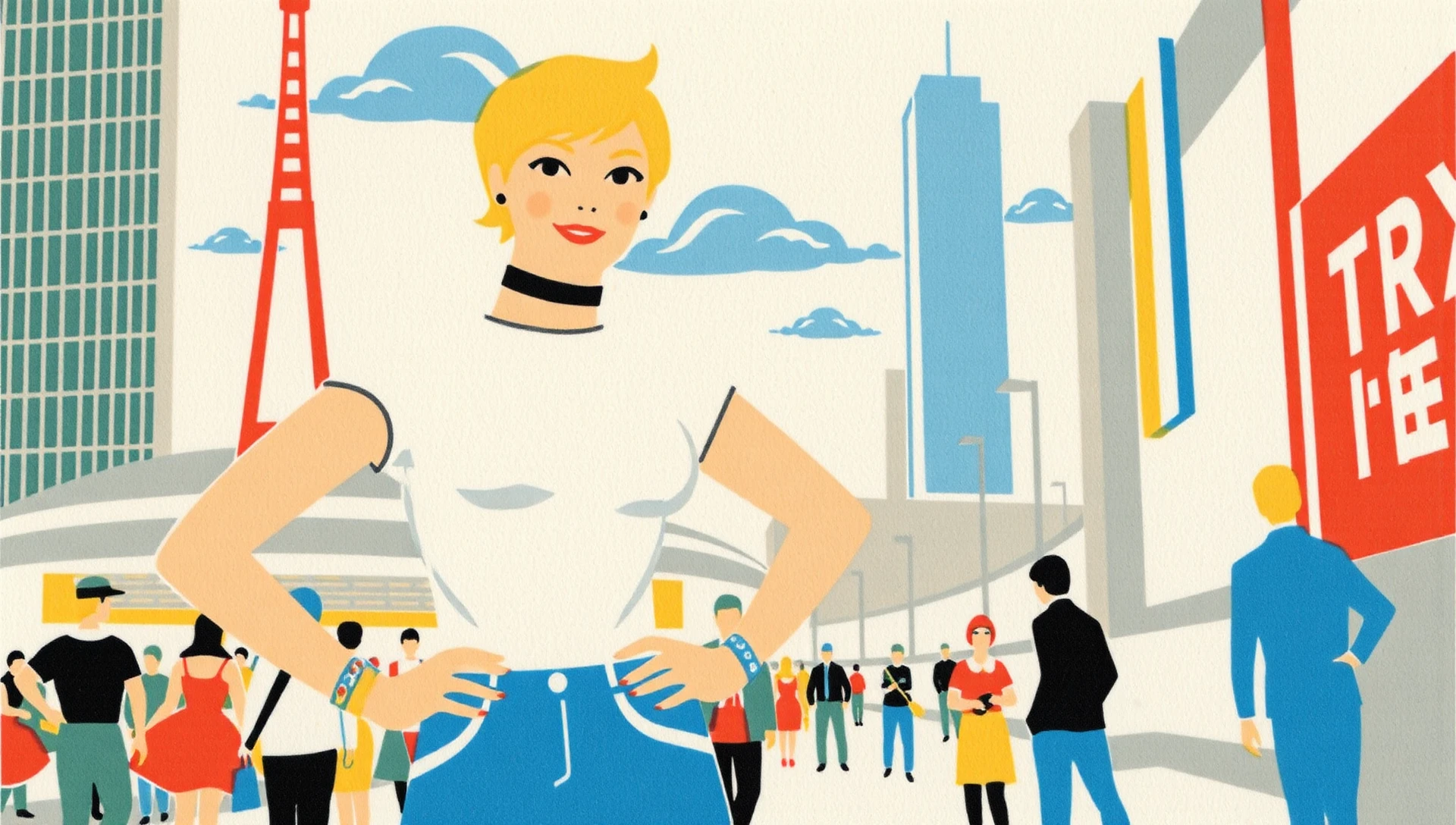 soviet_matchbox_art, minimalist abstract style art print, texture of the print appears slightly grainy, suggesting it may be printed on a textured paper, tthe illustration uses a limited color palette, use of negative space, In the bustling streets of Tokyo, a young woman stands confidently against a backdrop of towering skyscrapers and vibrant city life. The sun shines brightly, casting a warm glow over the scene, while the sounds of the city create a lively atmosphere. She wears a casual outfit consisting of a fitted t-shirt and blue denim jeans that perfectly complement her style. Her short blonde hair frames her face, and a playful smile dances on her lips as she looks directly at the viewer, exuding a sense of joy and energy.
The background is a blur of motion, with people moving about their day, creating a dynamic contrast to her stillness. The depth of field adds an artistic touch, emphasizing her presence while the cityscape fades into a soft bokeh of colors and shapes. A nearby stadium looms in the distance, hinting at the excitement of events happening just beyond the frame. The young womanâs hands rest confidently on her hips, showcasing a stylish bracelet and a choker that add a touch of flair to her ensemble.
As she stands on the sidewalk, the warmth of the day envelops her, and the vibrant energy of the town pulses around her. A wristwatch glints on her arm, a reminder of the time spent exploring the city. The combination of her casual attire and the lively urban setting creates a perfect snapshot of youthful exuberance. In this moment, she embodies the spirit of adventure, ready to embrace whatever the day has in store amidst the vibrant tapestry of Tokyo life., , soviet_matchbox_art, minimalist abstract style art print, texture of the print appears slightly grainy, suggesting it may be printed on a textured paper, tthe illustration uses a limited color palette, use of negative space