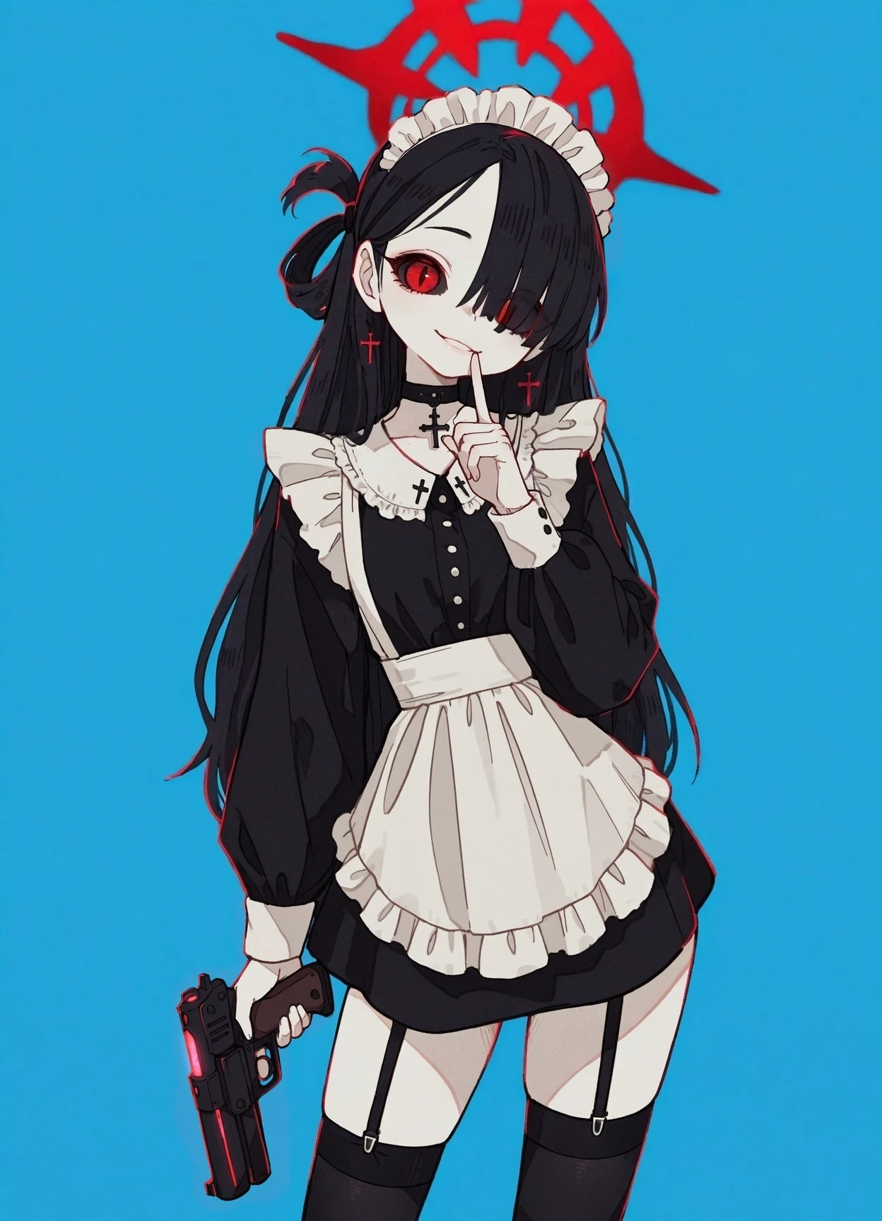 masterpiece,  best quality, amazing quality, 
head tilt, black veil, wide smile, closed mouth, slit pupils, 
close up, shushing, (contrapposto:1.1), red halo behind head, glowing halo, holding gun,
(anorexic:1.1), (skinny:1.1), garter straps, thighhighs, cross, looking at viewer, parted lips, standing, black choker, red eye, black sclera, hair over one eye, hair rings, white apron, maid headdress, long sleeves, 1girl, maid, (wide hips), thick thighs,
(blue background:1.1), simple background,
<lora:tsubura-wai:0.8> <lora:ponyv6_noobE11_2_adamW-000017:0.4> <lora:spo:1>