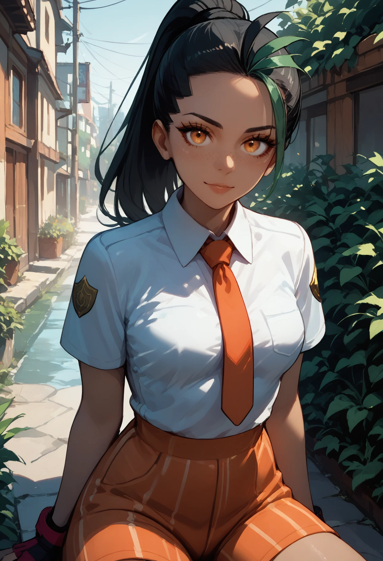 (masterpiece, best quality, ultra detailed, beautiful illustration), (oil painting:1.4), atmospheric perspective, (adventure atmosphere, elaborate atmosphere:1.4), depth of field, looking at viewer, beautiful detailed eyes, <lora:nemona_(pokemon):0.8>, 1girl, cowboy shot, dynamic angle, dynamic pose, (huge breasts), aanemona, dark-skinned female, dark skin, eyelashes, freckles, long hair, multicolored hair, streaked hair, ponytail, hair pulled back, school uniform, (orange necktie:1.2), shirt, collared shirt, short sleeves, (white shirt:1.1), shorts, (orange shorts:1.4), pantyhose, black pantyhose, shoes, (outdoors, woods, forest lake),