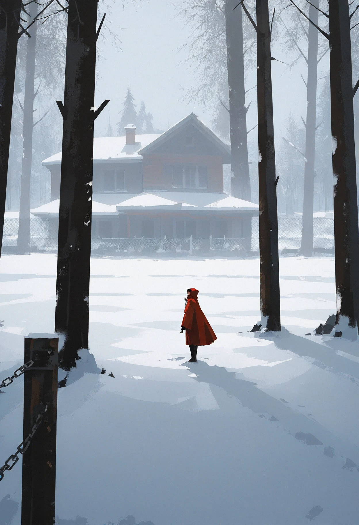 yun ling, sketch, sunlight, wide shot, 
masterpiece, best quality, amazing quality,
1girl, , hooded cloak,red cloak,  
standing, outdoors,  scenery, snow, solo, tree,bare tree,building, chain-link fence, day, fence, winter, 
detailed background, (depth of field:0.9), (vanishing point:0.9),
<lora:yun_ling-16:0.7>