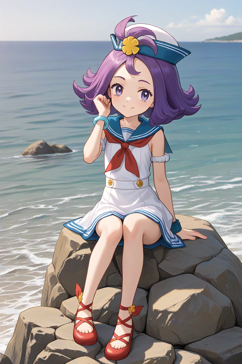 (1girl), solo, sitting, on rock, sea, feet_in_water, smile, sumacerola, [[acerola_\(pokemon\)]], medium_hair, purple_hair, purple_eyes, sailor_hat, white_hat, sleeveless_dress, white_dress, armlet, bracelet, red_neckerchief, sailor_collar, shoes, red_footwear official_alternate_costume, , masterpiece,amazing quality, very aesthetic, high resolution ,ultra-detailed, absurdres, newest, source_anime, score_9, score_8_up, score_7_up