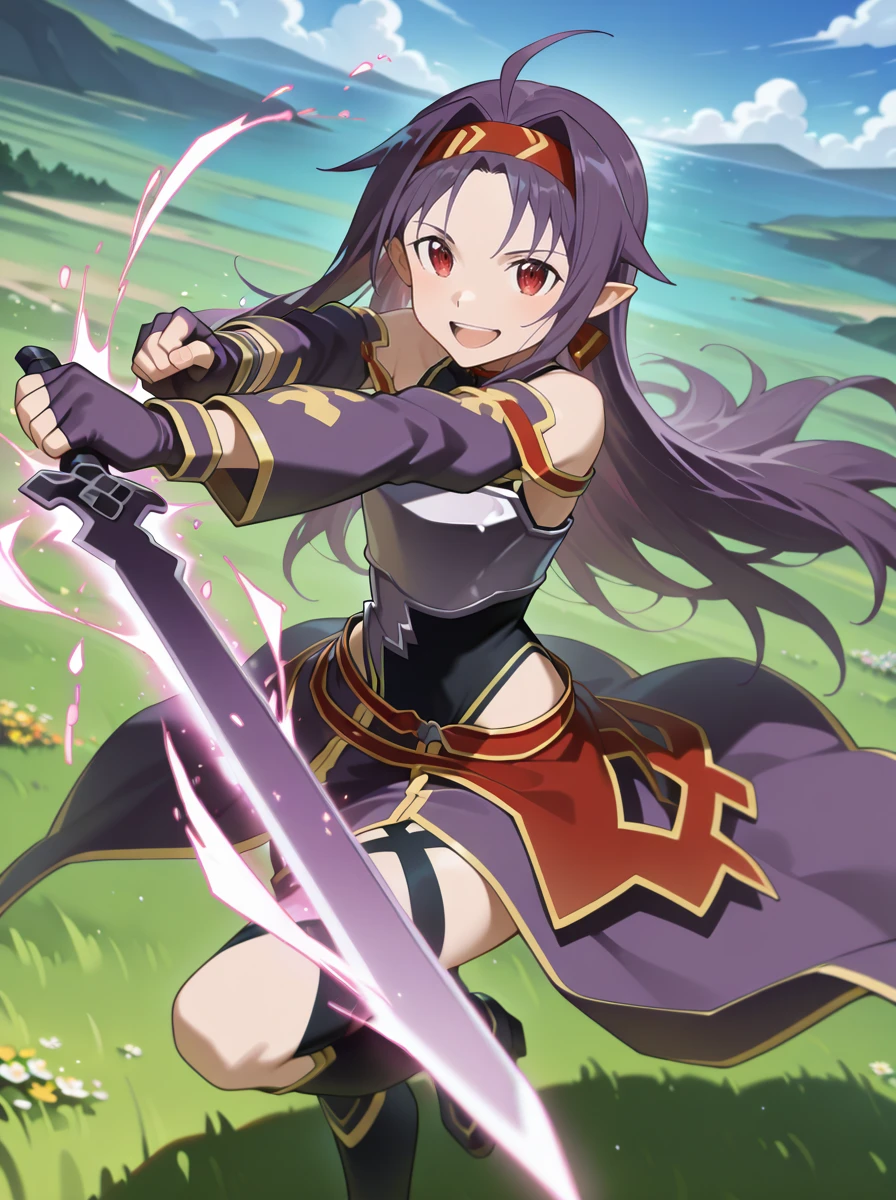masterpiece, best quality, amazing quality, very aesthetic, absurdres, newest, anime screenshot, outdoors <lora:YuukiKonno:1>yuukisao, 1girl, purple hair, long hair, red eyes, pointy ears, gloves, fingerless gloves, breastplate, armor, hairband, smile, detached sleeves, ahoge, red hairband sword art online, aura, sword, holding sword, shining_sword arms_up, open mouth, fighting stance, serious