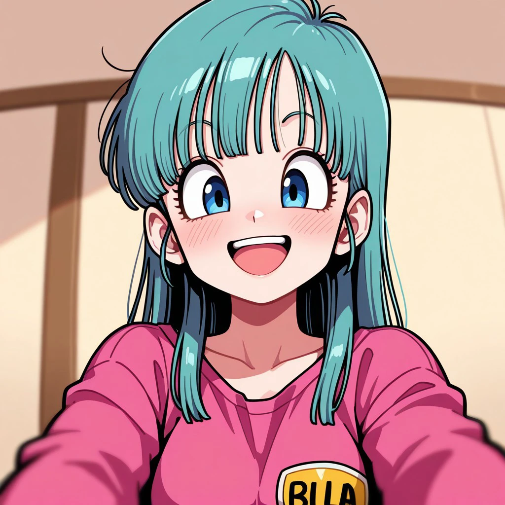 masterpiece, best quality, 32k, high resolution, absurdres, bulma, POV, looking at viewer, blush, smile, open mouth, upper teeth only
