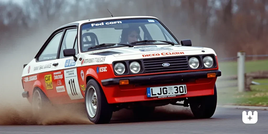 1977 Ford Escort RS2000 two-door saloon WRC rally car with bodykit, spoiler and sponsors, driving