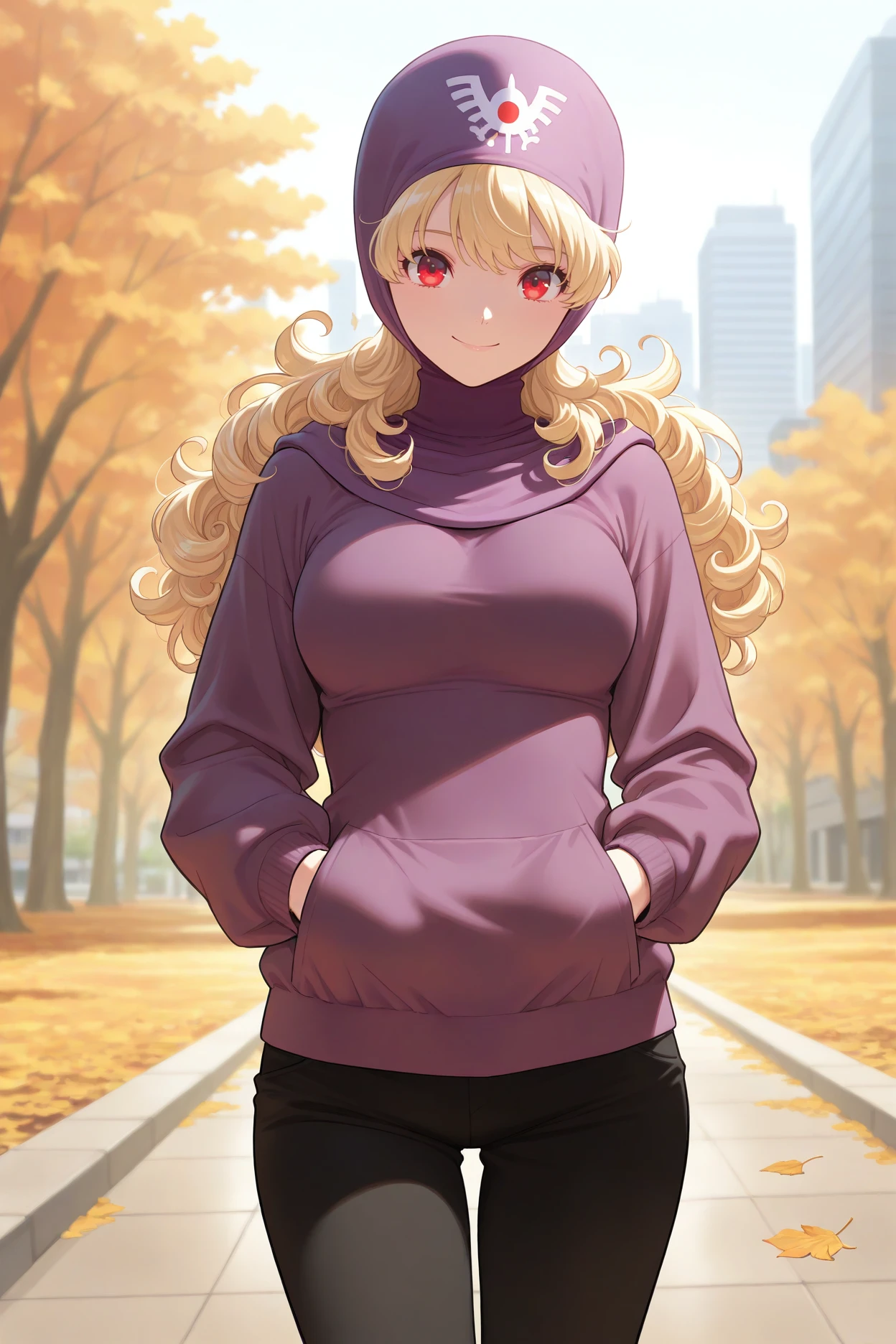 masterpiece, best quality, 1girl, solo, <lora:dqpom-illu-nvwls-v1-000005:1> dqPom, purple hood, hood up, blonde hair, curly hair, long hair, red eyes, purple sweater, turtleneck, black pants, smile, breasts, hands in pockets, autumn, city