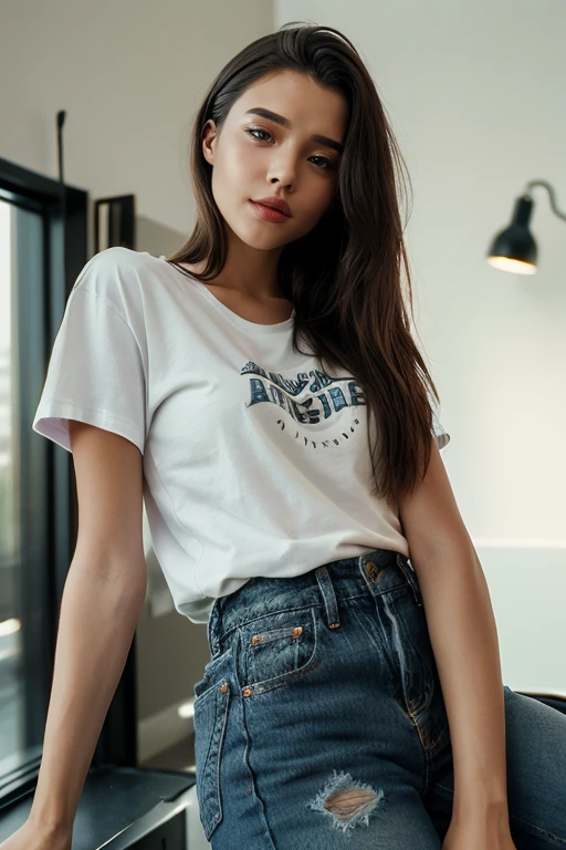 graphic tee and ripped jeans  a breathtaking fashion portrait photo of  a beautiful woman <lora:YoanaNikolovaV1:1>,long hair, dark brown eyes, simple background, looking at the viewer:1,  atmospheric, (simple white background),rich details, realistic, intense, enhanced contrast, highly detailed, 8k, 35mm prime lens, ((masterpiece)) award-winning, professional, official balmain editorial, style of Tyler Shields:1.3, 35 mm prime lens, shot on ALEXA65,  looking at viewer,  posing, dutch angle, detailed skin texture, (blush:0.5), (goosebumps:0.5), subsurface scattering, RAW candid cinema, 16mm, color graded portra 400 film, remarkable color, ultra realistic, textured skin, remarkable detailed pupils, realistic dull skin noise, visible skin detail, skin fuzz, dry skin, shot with cinematic camera