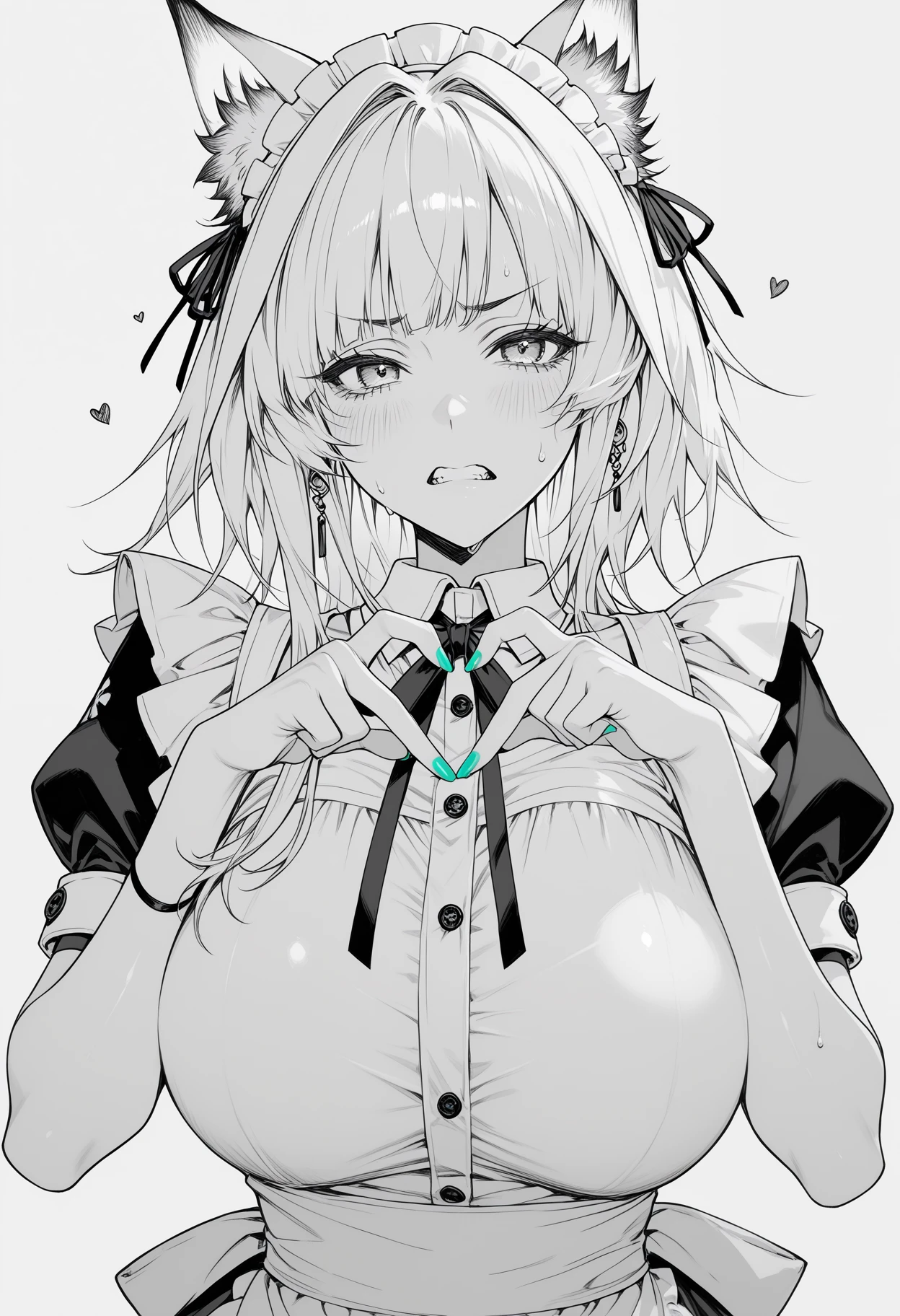 kal'tsit arknights, 1girl, animal ears, apron, blush, breasts, clenched teeth, earrings, green nails, greyscale, heart, heart hands, jewelry, large breasts, long hair, looking at viewer, maid apron, maid headdress, monochrome, simple background, solo, spot color, sweat, teeth, white background, 