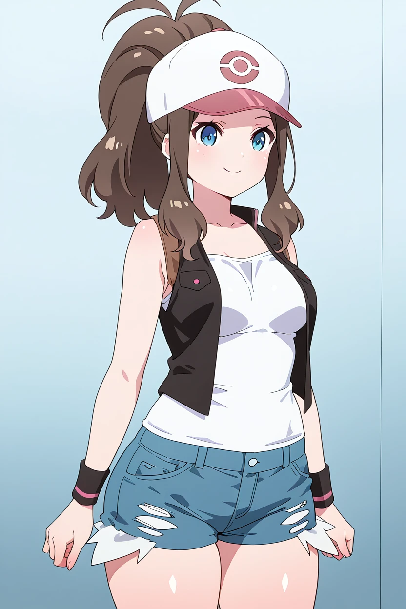 masterpiece, best quality, medium breasts, (curvy),  ,,, BREAK, zzHilda, blue eyes, long hair, high ponytail, sidelocks, hat, collarbone, white shirt, black vest, sleeveless, wristband, short shorts, denim shorts, exposed pocket, <lora:HildaPokemonIXL_e08:1.0>,BREAK,  smile, looking at viewer, cowboy shot,   <lora:PrimaDoll_Style_IXL:1.0>,