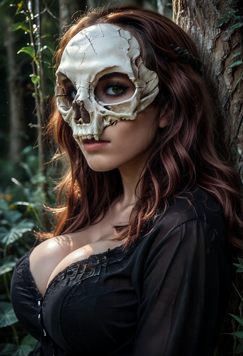 score_9, score_8_up, score_7_up, rating_safe, concept art, semi-realistic, 1girl, solo.
Young beautiful face, fit body, 
(Big breast), (round breasts:1.5), 
SkullMask, Skull, Mask.
((Eye mask)),