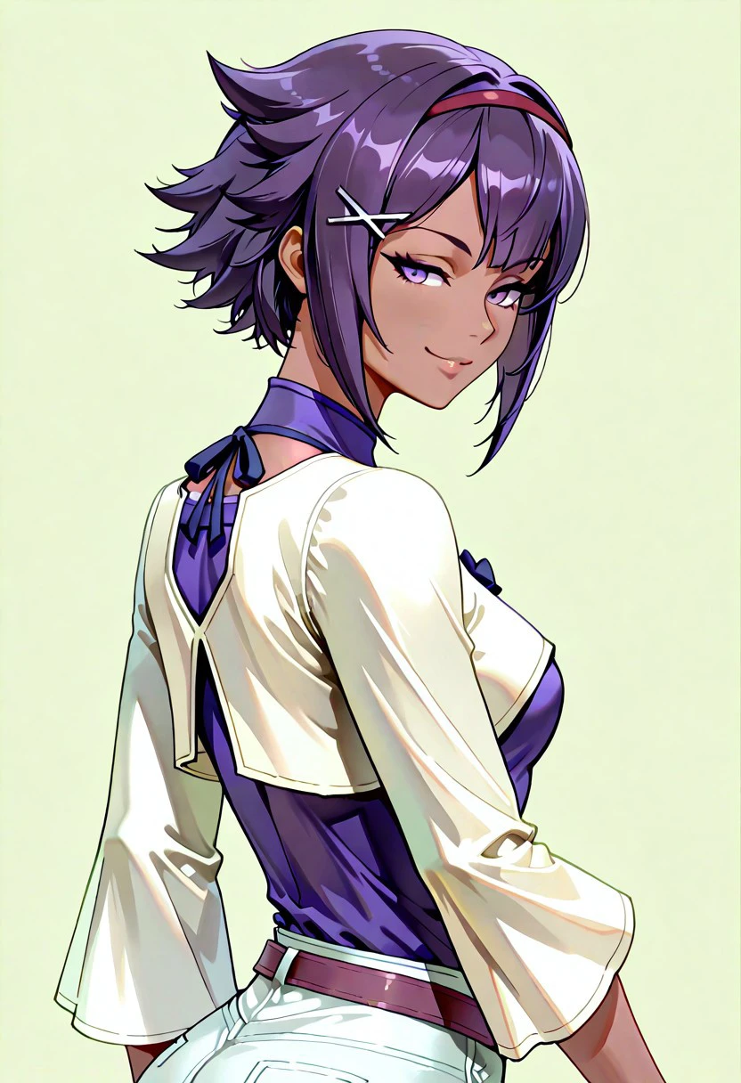 absurdres, 4k res, high quality, score_7_and_above, 1girl, solo, masterpiece, himari_dwno, purple eyes, purple hair, short hair, tan skin, purple shirt, baggy sleeves, belt, white shorts, upper body, portrait, seductive smile, highly detailed, side view, looking at viewer, pastel colors, freebos_smoothiestyle