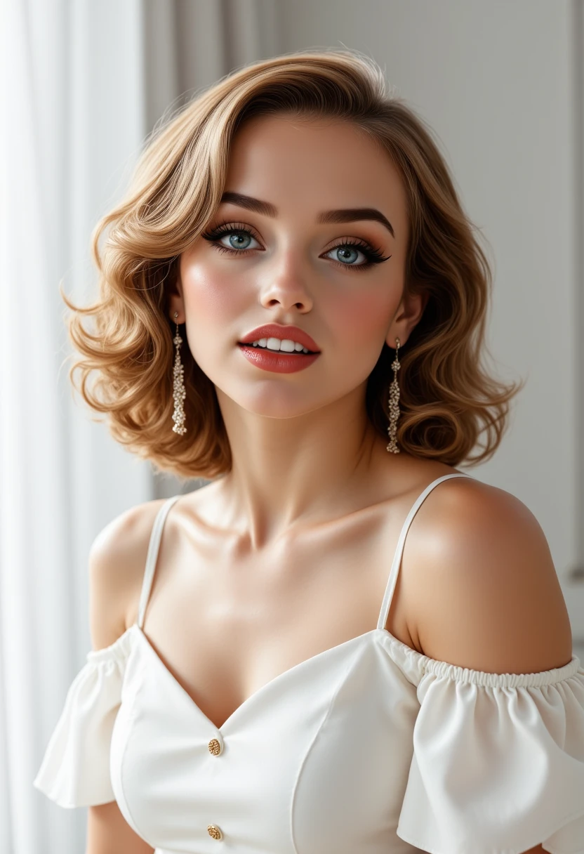 headshots, multiple angles,, retro50s_style, photoshoot poses; the image is a portrait of a S0phi@v2. she is standing. she has piercing eyes. She is wearing a white off-the-shoulder blouse with ruffled sleeves. She has happy look on her face. she is laughing with her mouth open. The background is a simple white wall. The overall mood of the image is happy.RAW candid cinema,16mm,color graded portra 400 film,remarkable color,ultra realistic,textured skin,remarkable detailed pupils,realistic dull skin noise,visible skin detail,skin fuzz,dry skin,shot with cinematic camera,detailed skin texture,(blush:0.2),(goosebumps:0.3),subsurface scattering,beautiful photograph in the style of Augustus John,Sergio Toppi,Virginia Frances Sterrett,8k HD,detailed skin texture,ultra realistic,textured skin,analog raw photo,cinematic grain,whimsical.perfection style