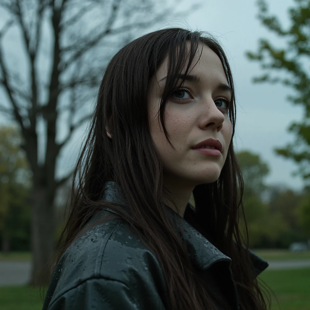 Photorealistic mode, ultra-detailed textures, emotional realism, solo, cinematic style, Rating SFW, a young woman standing alone in a rain-soaked park, ¬her face illuminated by soft, melancholic light, eyes filled with sadness, ¬raindrops glistening on her skin and hair, the grey sky reflecting her mood, ¬detailed wet clothes clinging to her form, subtle emotions captured in her expression, ¬soft focus filter with realistic water reflections, heavy shadows accentuate the solitude, 8k resolution highlighting every droplet and wrinkle on her face, HDR filter adding depth and texture to the scene.