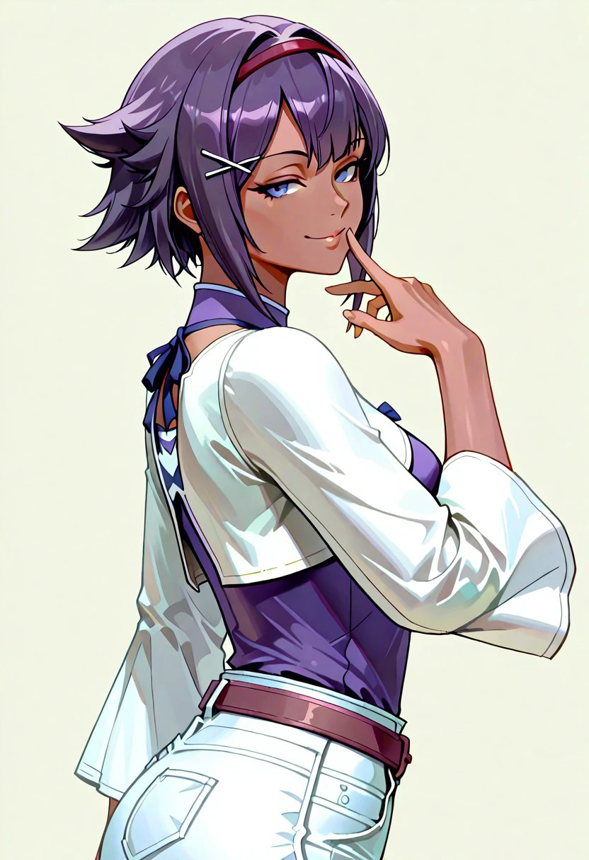 absurdres, 4k res, high quality, score_7_and_above, 1girl, solo, masterpiece, himari_dwno, purple eyes, purple hair, short hair, tan skin, purple shirt, baggy sleeves, belt, white shorts, upper body, portrait, seductive smile, highly detailed, side view, looking at viewer, pastel colors, freebos_smoothiestyle