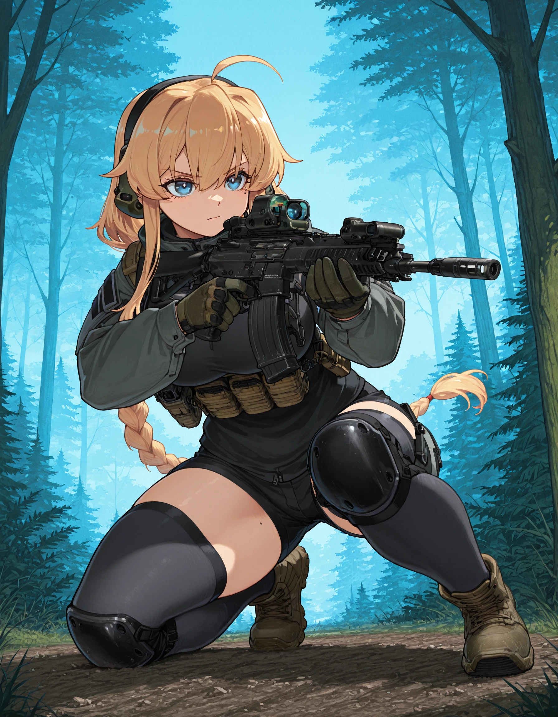 (Cartoon illustration \(style\):1.25), masterpiece, beautifully drawn, 1girl{Whiskey Project, blonde hair, long braided hair, ponytail, ahoge, blue eyes, mole under eye, tactical clothes, load bearing vest, bulletproof vest, shorts, long sleeves, thighhighs, knee pads, headset, gloves, holding assault rifle, one knee on ground ,aiming}, forest, <lora:Whiskey_Project:1>