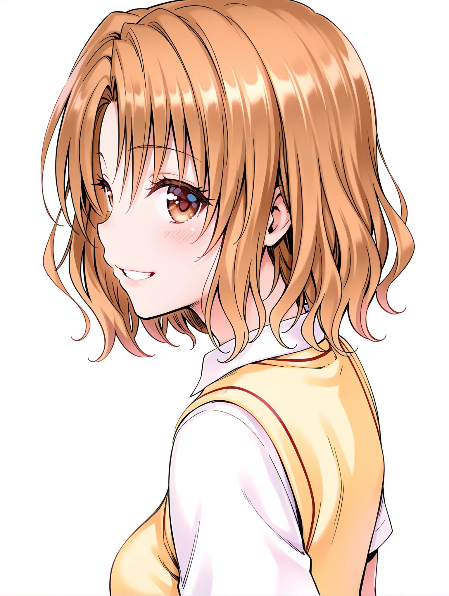 masterpiece,best quality,amazing quality,1girl,solo,
<lora:risa_ilxl_v1:1>,momioka,brown hair,brown eyes,
m_clothes,short sleeve blouse,school uniform,sweater vest,<lora:Fixhands_anime_bdsqlsz_V1:1>,
looking_at_viewer,
light_blush,cinematic_angle,looking_at_viewer,full body,white_background,simple_background,upper_body,face_focus,grin,smile,profile,