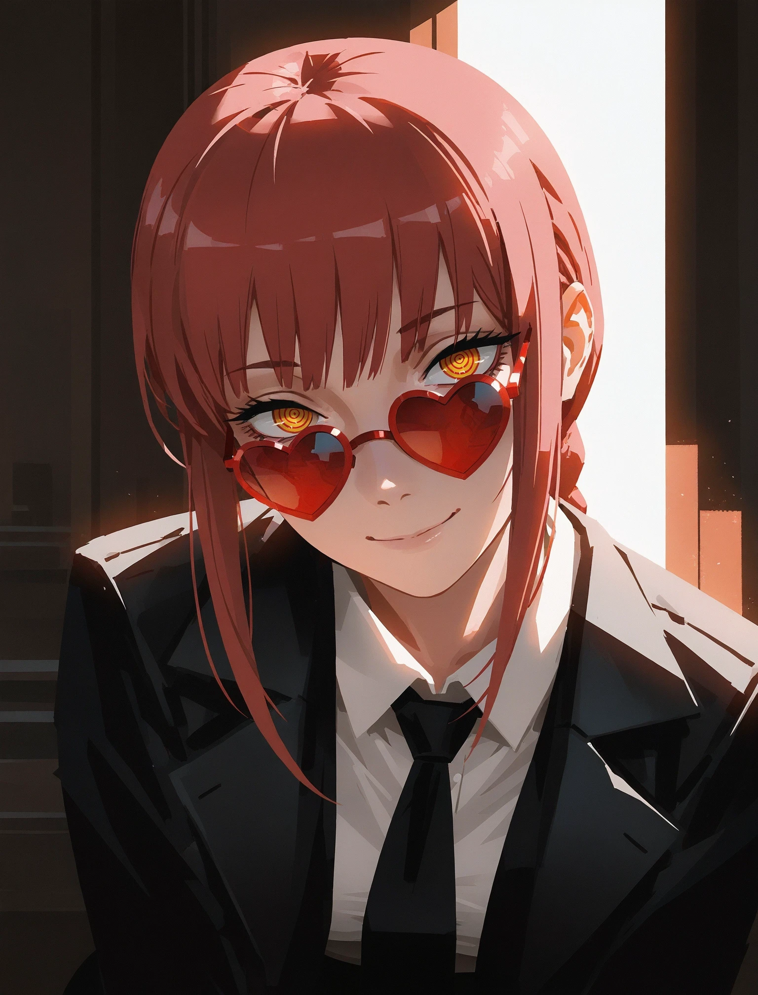 (yun ling:1.1), sketch, sunlight, portrait, 
masterpiece, best quality, amazing quality,
1girl, makima \(chainsaw man\), leaning forward, formal clothes, smile, head tilt, heart-shaped eyewear, colored eyewear, red eyewear, ringed eyes, 
detailed background, 
<lora:yun_ling-16:0.7>