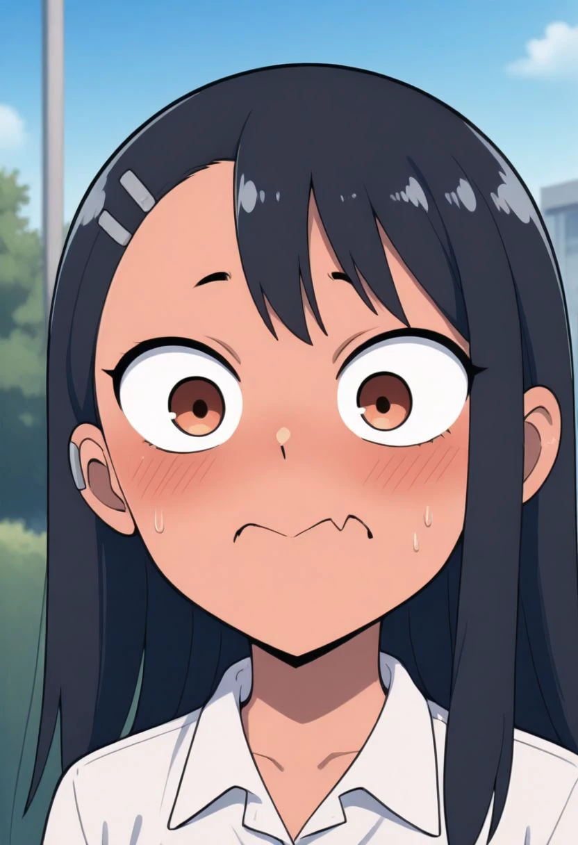 1girl, portrait, outdoors
nagatoro hayase, white shirt, dark-skinned female
blush, closed mouth, surprised, skin fang
<lora:m-mouth-il:1>
