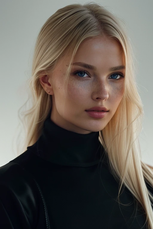 a breathtaking photo of a beautiful woman , <lora:ZiennaZonneV1:1>, blonde hair, long hair, tidy hair, simple background, atmospheric, (simple white background), rich details, realistic, intense, warm colors, enhanced contrast, highly detailed, 8k, 35mm prime lens, ((masterpiece)) award-winning, professional, official balmain editorial, style of Tyler Shields:1.3, 35 mm prime lens, shot on ALEXA65, looking at viewer, posing, dutch angle, close up, wearing a highly detailed (black:1) turtleneck sweater, detailed skin texture, (blush:0.5), (goosebumps:0.5), subsurface scattering, RAW candid cinema, 16mm, color graded portra 400 film, remarkable color, ultra realistic, textured skin, remarkable detailed pupils, realistic dull skin noise, visible skin detail, skin fuzz, dry skin, shot with cinematic camera