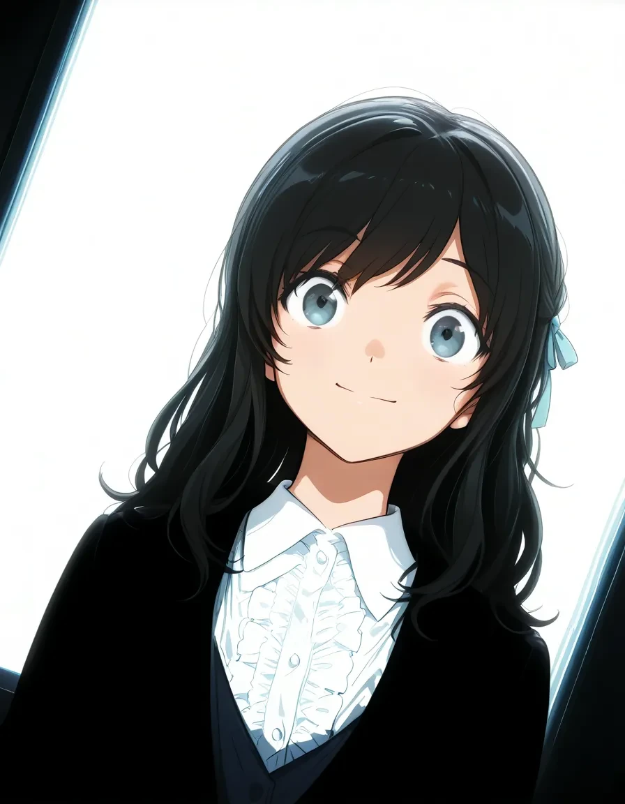 <lora:eigatore_V2:1> eigatore, ribbon, hair ribbon,black hair, 
1girl,solo,
 black jacket, long sleeves, shirt, collared shirt, white shirt, frills, ,
(masterpiece, best quality), amazing quality, very aesthetic, absurdres, highres, newest, HDR, 8K, high detail RAW color art,
indoors,
smile, standing, 
 safe, general,
dutch angle, standing, 
<lora:shinjidai:1>anime screenshot, anime coloring, official style,
simple background, white background,