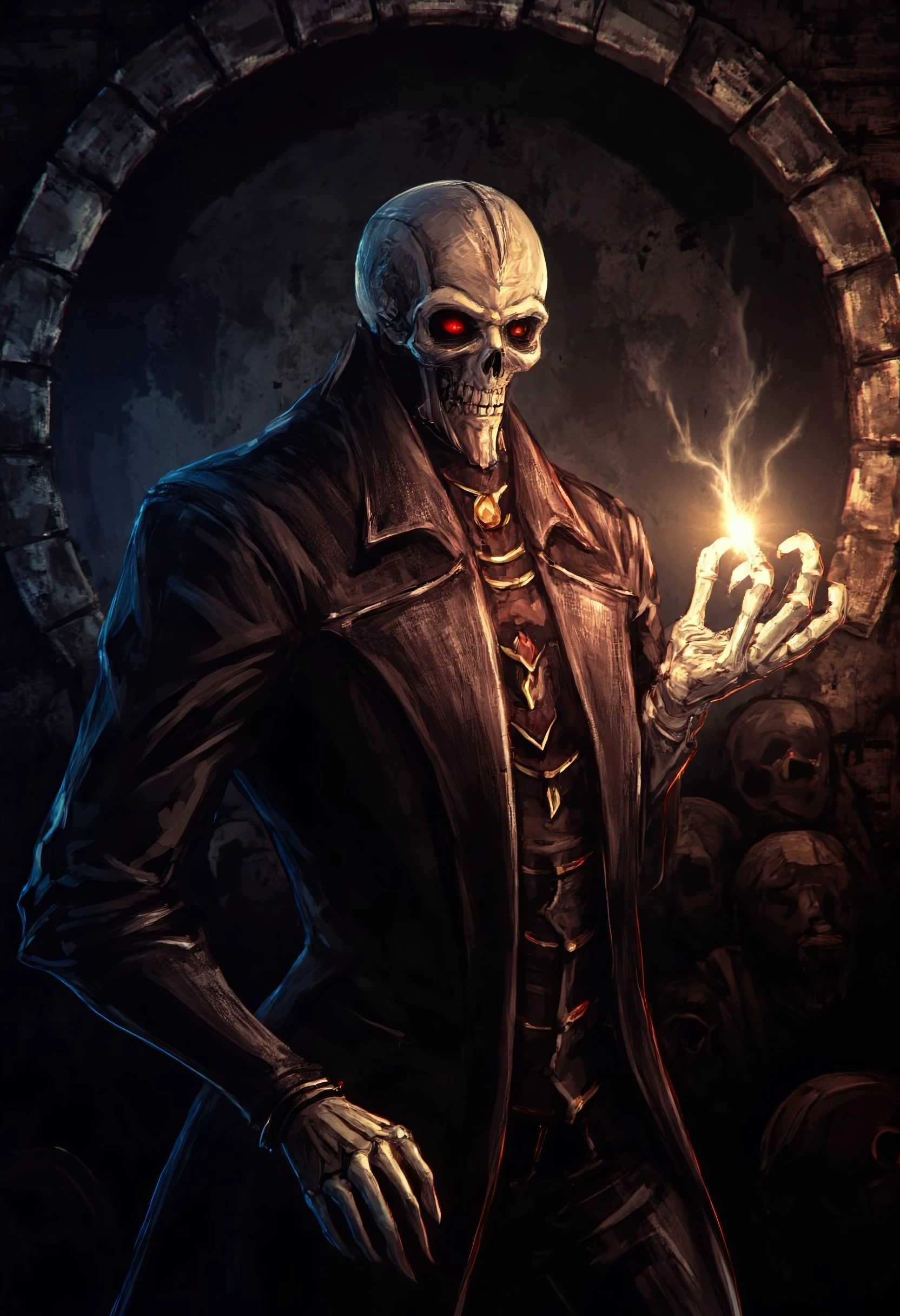 Digital drawing of skeleton in a deep dark dungeon, wearing leather jacket and holding a torch with his bony fingers.