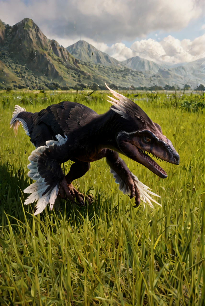 source_furry, score_9, score_8_up, score_7_up, (pyroraptor_jwe, dinosaur, feral), scalie, detailed scales, feathers, detailed feathers, black feathers, white feathers, multicolored feathers, feathered arms, yellow eyes, slit pupils, detailed eyes, teeth, sharp teeth, claws, digitigrade legs, tail, <lora:JWE_PyroraptorPony:0.8>, outdoors, graslands, clouds, rainy, stormy, light open mouth, side view, zPDXL2, zPDXLpg, zPDXLrl, best quality, highly detailed, extreme details, masterpiece, photorealistic, hyperrealistic, ultra realistic, hdr, 4k, uhd, ray tracing, shaded