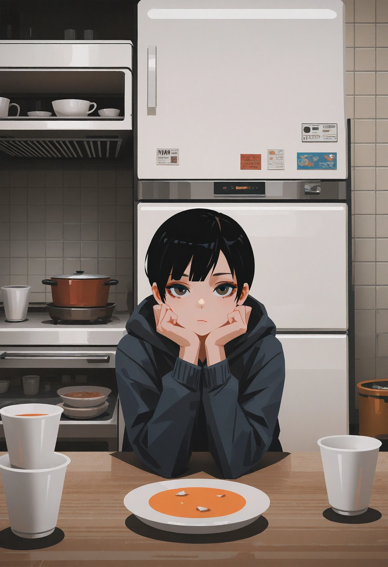 (yun ling:1.2), masterpiece, best quality, amazing quality,
1girl, solo, facing viewer, portrait, sitting, head rest, looking at viewer, bored, upper body, hoodie, detailed background, refrigerator, kitchen, furniture, many objects on background, pan, cups, tile wall, 
 <lora:yun_ling-16:0.6>