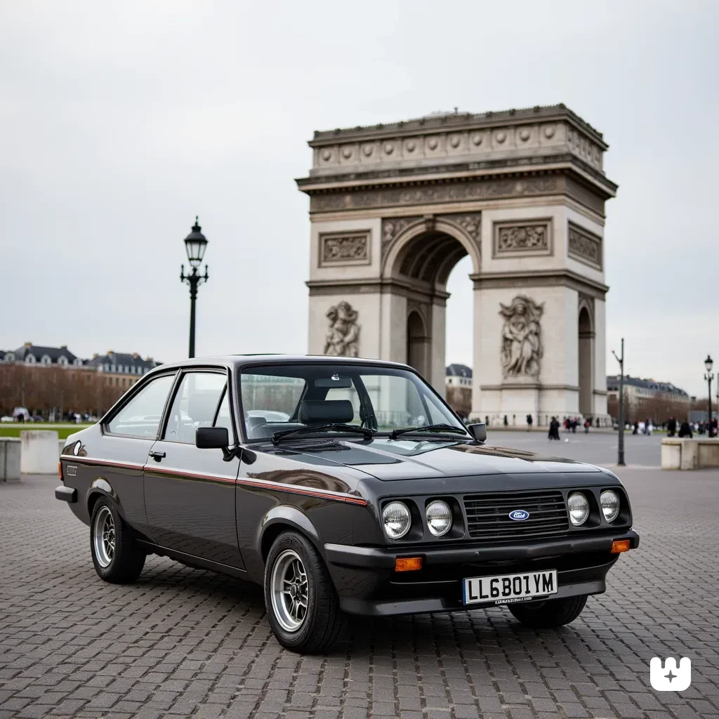 1977 Ford Escort RS2000 two-door saloon standing near the Arc de Triomphe, photo taken in 2015, colour