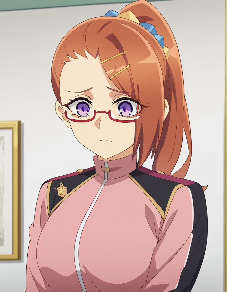 score_9, score_8_up, score_7_up, source_anime, <lora:eva-renfield-s1-ponyxl-lora-nochekaiser:1>, eva renfield, brown hair, hair ornament, purple eyes, ponytail, glasses, hairclip, scrunchie, semi-rimless eyewear, red-framed eyewear, under-rim eyewear, large breasts, anime screencap, <lora:gotoh-hitori-cosplay-ponyxl-lora-nochekaiser:1>, gotoh hitori cosplay, gotoh hitori (cosplay), pink track suit, cube hair ornament, pink jacket, track jacket, cosplay, skirt, black skirt, pleated skirt,, shaded face, averting eyes,, cowboy shot,, , cowboy shot, solo