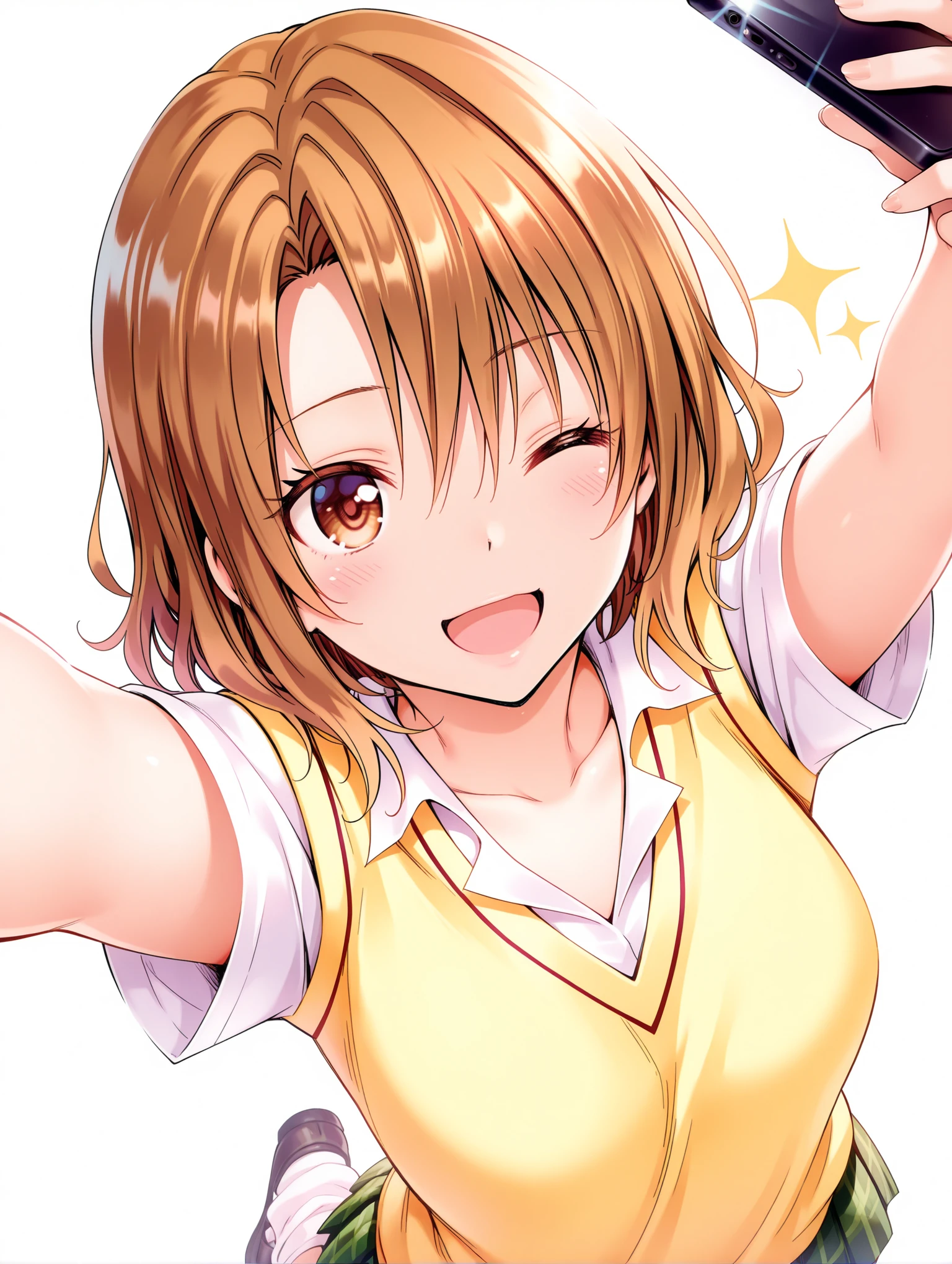 masterpiece,best quality,amazing quality,1girl,solo,
<lora:risa_ilxl_v1:1>,momioka,brown hair,brown eyes,
m_clothes,short sleeve blouse,school uniform,sweater vest,green plaid skirt,loose_socks,loafers,
<lora:Fixhands_anime_bdsqlsz_V1:1>,face_focus,(reaching towards viewer:1.2),outstretched arm,(holding Smartphones:1.2),open mouth,front view,upper_body,light_blush,looking_up,panorama,:d,looking_at_Smartphones,holding Smartphones,reaching towards viewer,Smartphones,self -portrait,blush,one eye closed,sparkle,blush,face_focus,bokeh,dynamic_angle,cinematic_angle,dutch angle,foreshortening,fisheye,white_background,simple_background,v over eye,