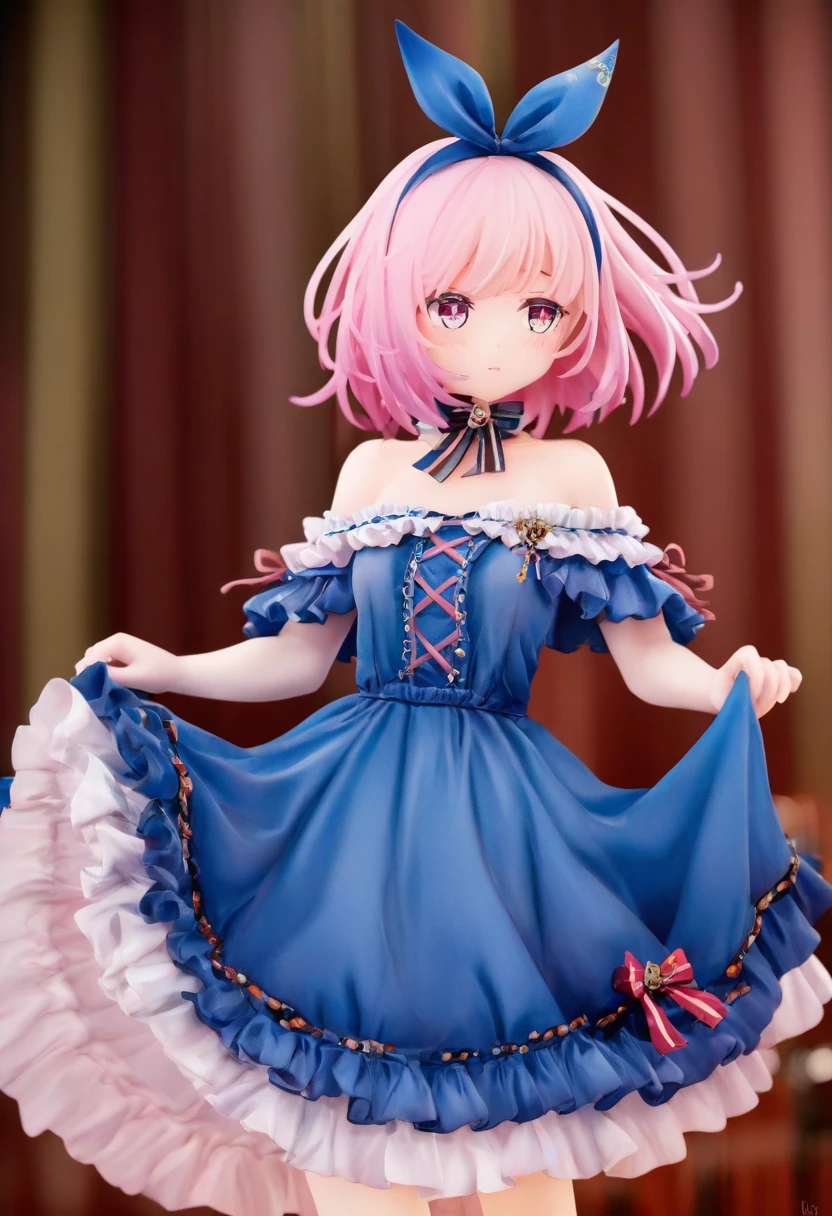 1girl,blue dress,frills,bow,bare shoulders,frilled dress，