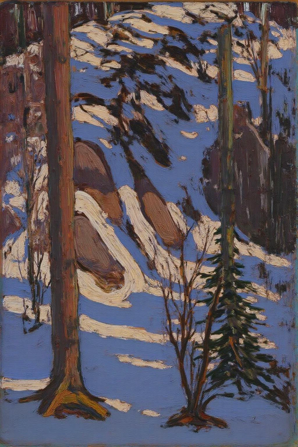 tomthom1 painting.
The scene depicts a snowy forest with tall, slender trees that are rendered in varying shades of brown and dark green. The ground is coverd with snow and ice.  <lora:tomthom1_cap_d6a3:1.0><lora:815396994513138937:0>