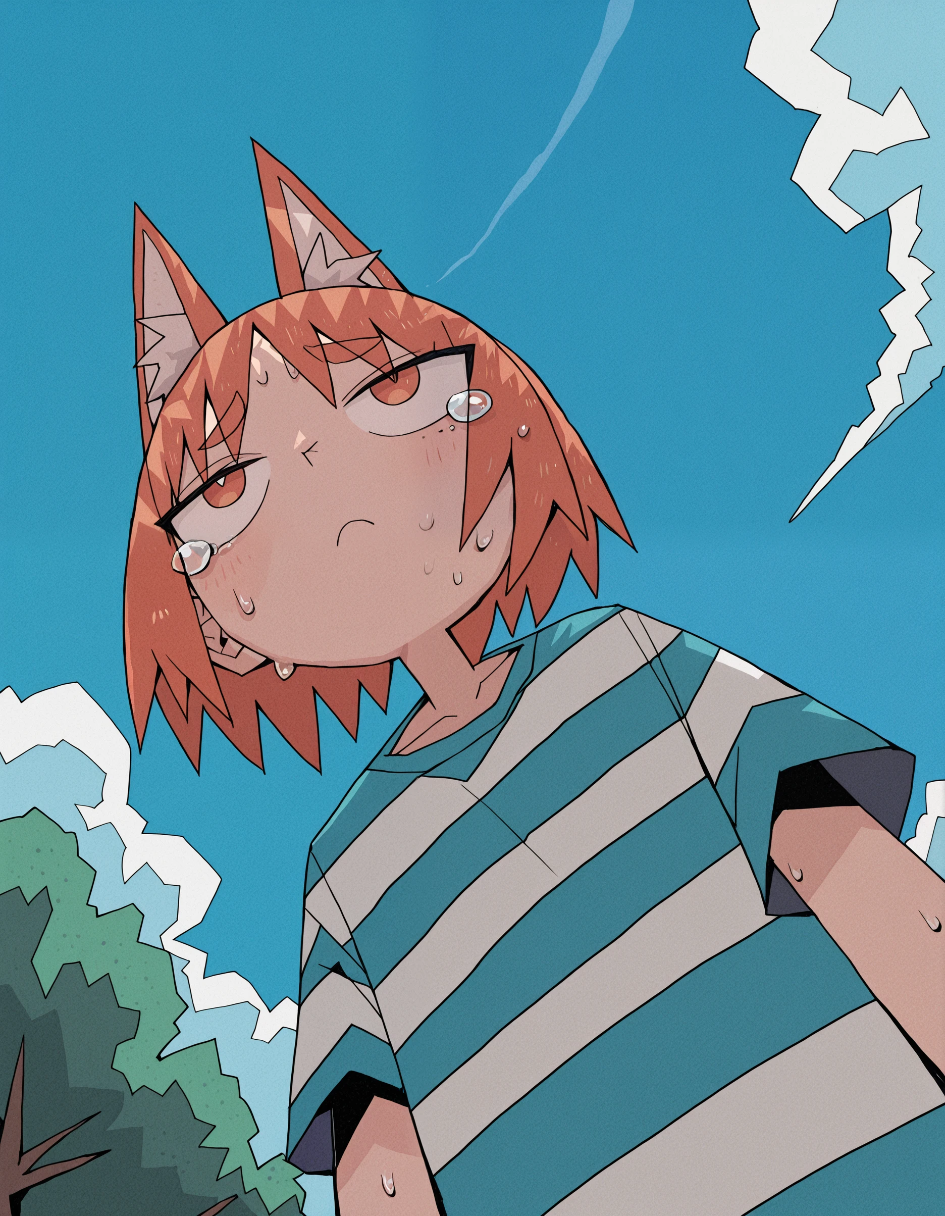 masterpiece, best quality, very aesthetic,0huton_illu, solo, striped shirt, sky, blue sky, shirt, from below, 1other, striped, animal ears, tree, cloud, outdoors, sweat, day, tears, <lora:0hu_ton:1>