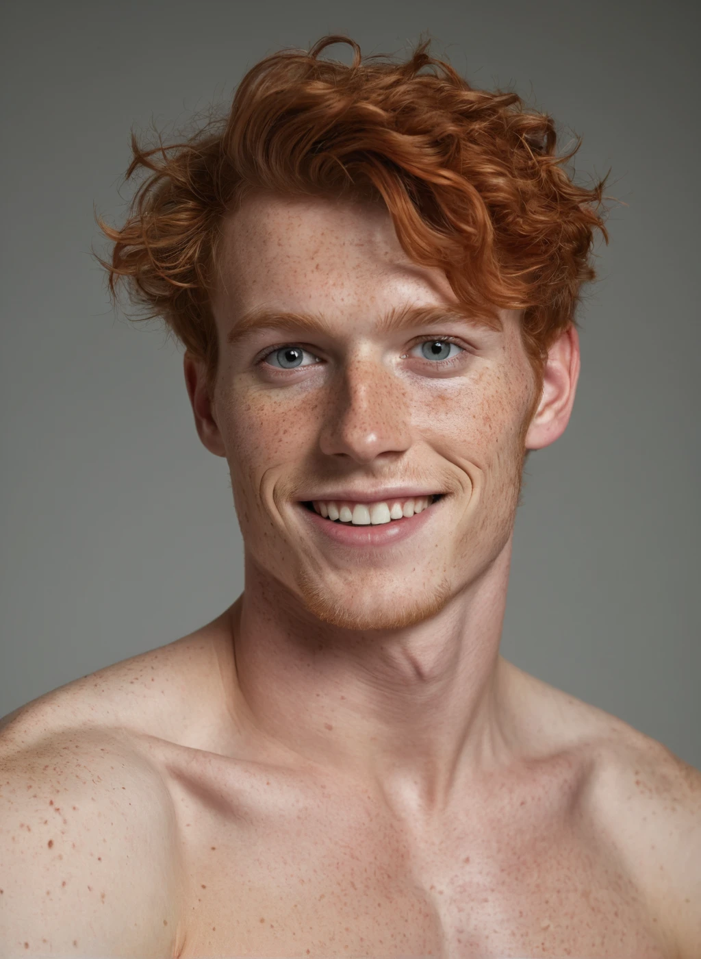 portrait photo of a sexy 25 yo redhead male model, freckles, hyperdetailed, hyperrealism, skin details, cinematic shot, determined look, charming, flirting, naughty smile, fashion photoshoot, improved