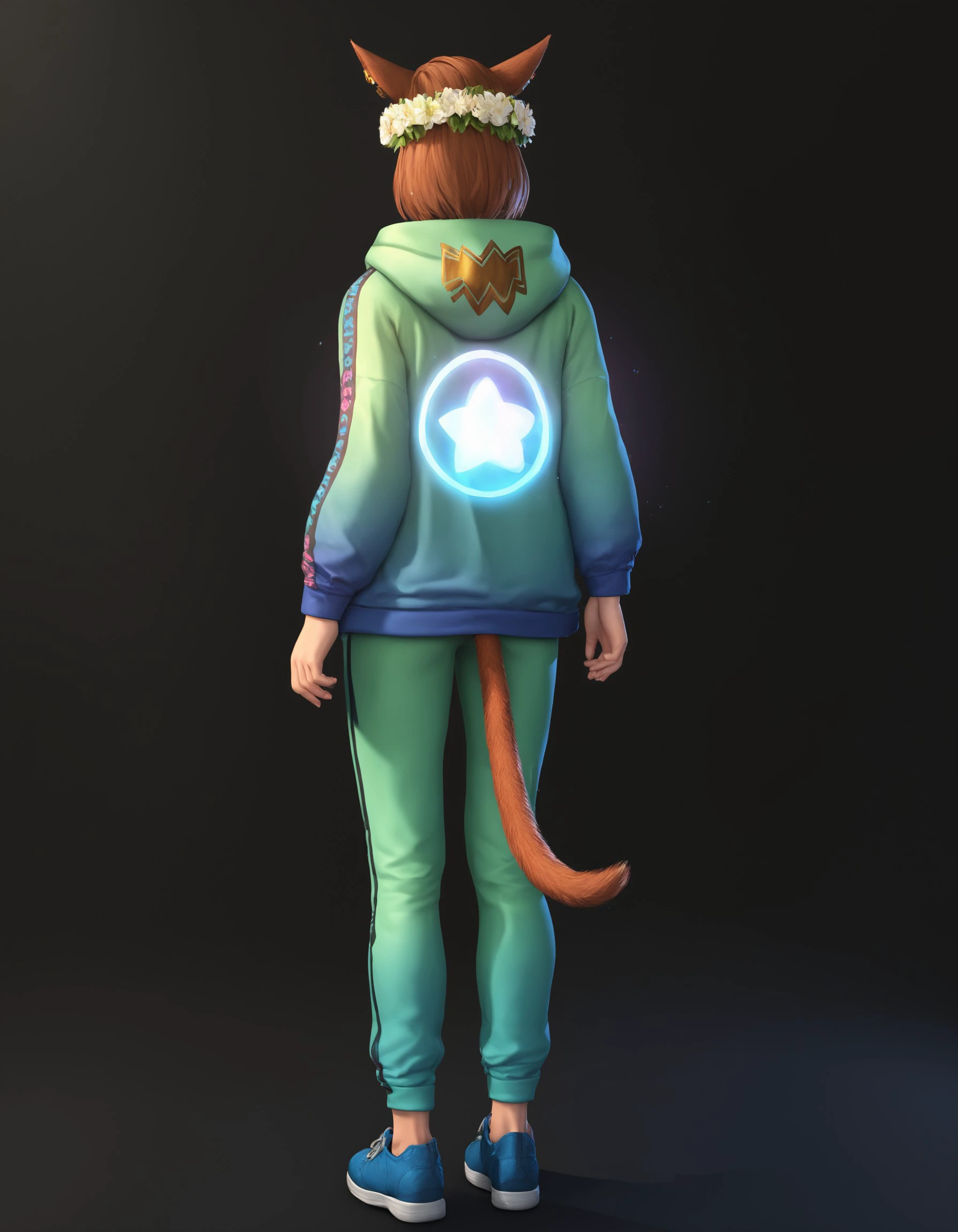score_9, score_8_up, score_7_up, score_6_up, score_5_up, score_4_up, G3NTL3B34N, solo, tail, animal ears, from behind, cat tail, shoes, pants, black background, hood, simple background, cat ears, head wreath, 1girl, standing, hood down, full body, miqo'te, jacket, green pants, long sleeves, flower, blue footwear, arms at sides, hoodie, brown hair, <lora:6e105735-83ba-4f0e-9bf0-d07f116e51d9:0.7>