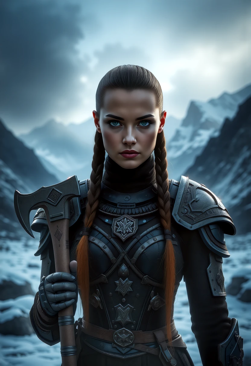 A captivating image emerges, focusing on a viking_punk warrior-princess with her presence commanding attention in the icy wasteland. Her futuristic exosuit based on traditional viking armor, with mechanical implants and mechanical_arms, a seamless fusion of technology and her toned-athletic form. The warrior's twin braids, with shaved sides, frames her determined expression, while her piercing eyes bore into the viewer. Ancient runes are etched into her battleaxe and armor, crackling with mystical glowing energy. The frozen landscape, a testament to her people's resilience, stretches into the distance, where dark, ominous clouds partially veil the rugged mountainous pass, filling the air with crispness and the promise of lightning. This artwork, with its Nordic and Viking-inspired elements, captures the essence of a powerful futuristic figure, seamlessly blending ancient traditions with futuristic innovations. Beauty, chiaroscuro, play of shadow and light, realistic,    <lora:art and styles/MysticFantasy.safetensors:1.0>,  <lora:artist/style_of_H._R._Giger_FLUX_295-000006.safetensors:0.5>, style of H. R. Giger,  <lora:wlop:0.8>, wlop, <lora:flux_trainer/fluxPunk_v11>, <lora:scifi/RM_Robotify_v0.7M.safetensors:0.7>,