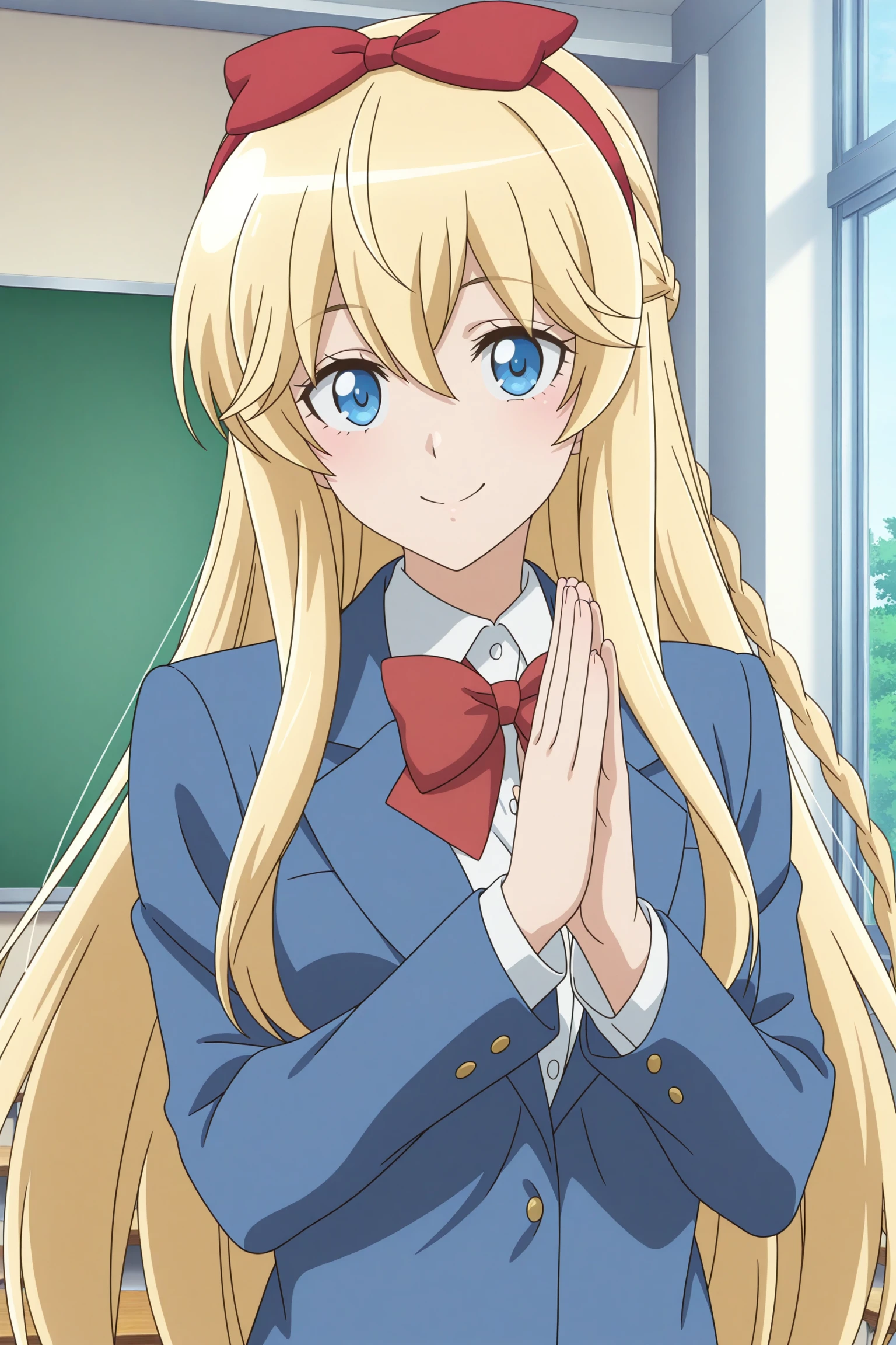 masterpiece, best quality, amazing quality, highres, absurdres, very aesthetic, high resolution, ultra detailed, perfect details, 1girl, solo, indoors, classroom, day, emilia, blonde hair, very long hair, long braid, half up braid, bow hairband, blue eyes, long sleeves, blue jacket, red bowtie, white shirt, collared shirt, grey skirt, plaid skirt, pleated skirt, white pantyhose, loafers, <lora:Emilia_ILXL:0.8>, (aged up:1.2), (upper body:1.4), anime coloring, anime screencap, looking at viewer, (pose:1.2), smile, open mouth