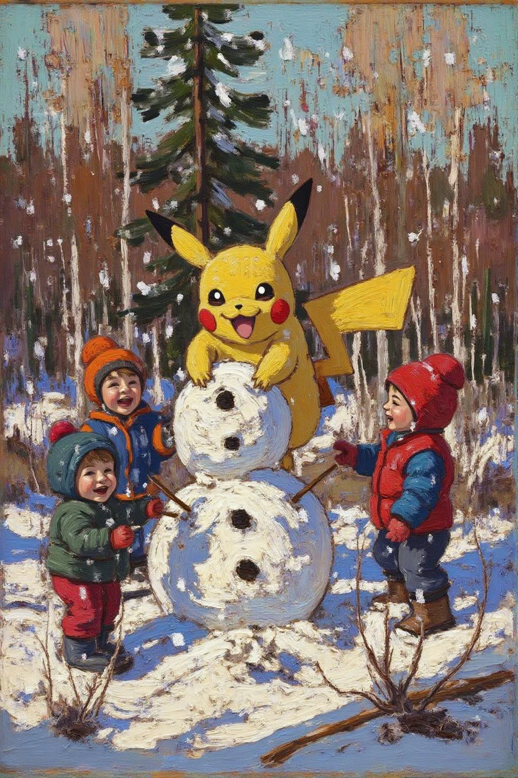 tomthom1 painting.
Pikachu building a snowman with a group of  in the snow inside a Canadian forest. Snow is falling from a blue sky. Everyone is laughing. <lora:tomthom1_cap_d6a3:1.0><lora:815397157721898928:0>